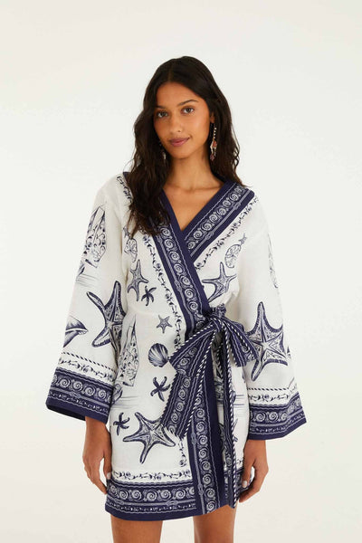 white scarf mini dress FARM Rio Off-White Coast Scarf Euroflax Premium Linen Mini Dress, Coast Scarf Off-White / S