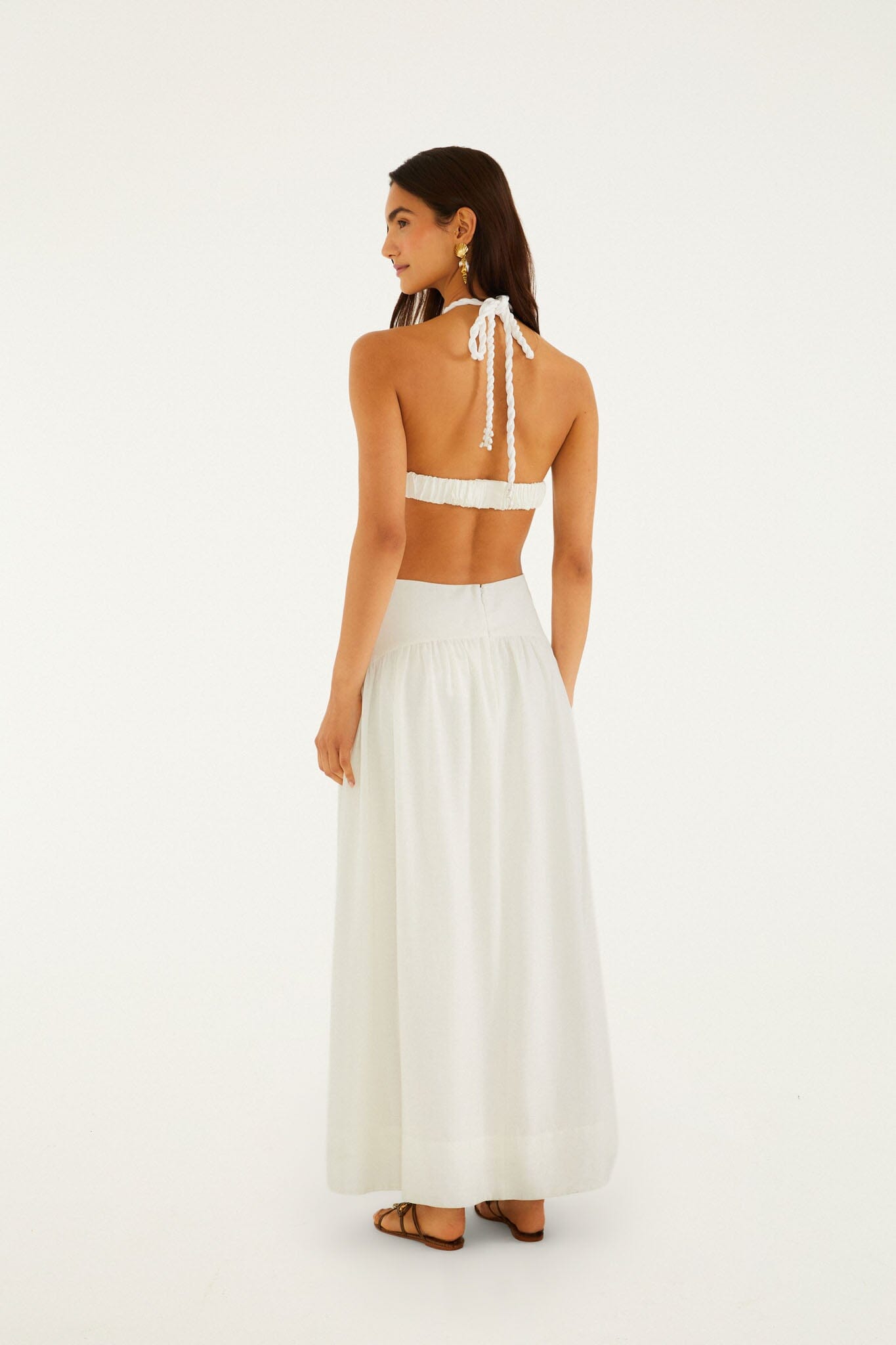 FARM Rio model wearing the Off-White Coast Stars 3d Bodice Lenzing Ecovero Euroflax Maxi Dress