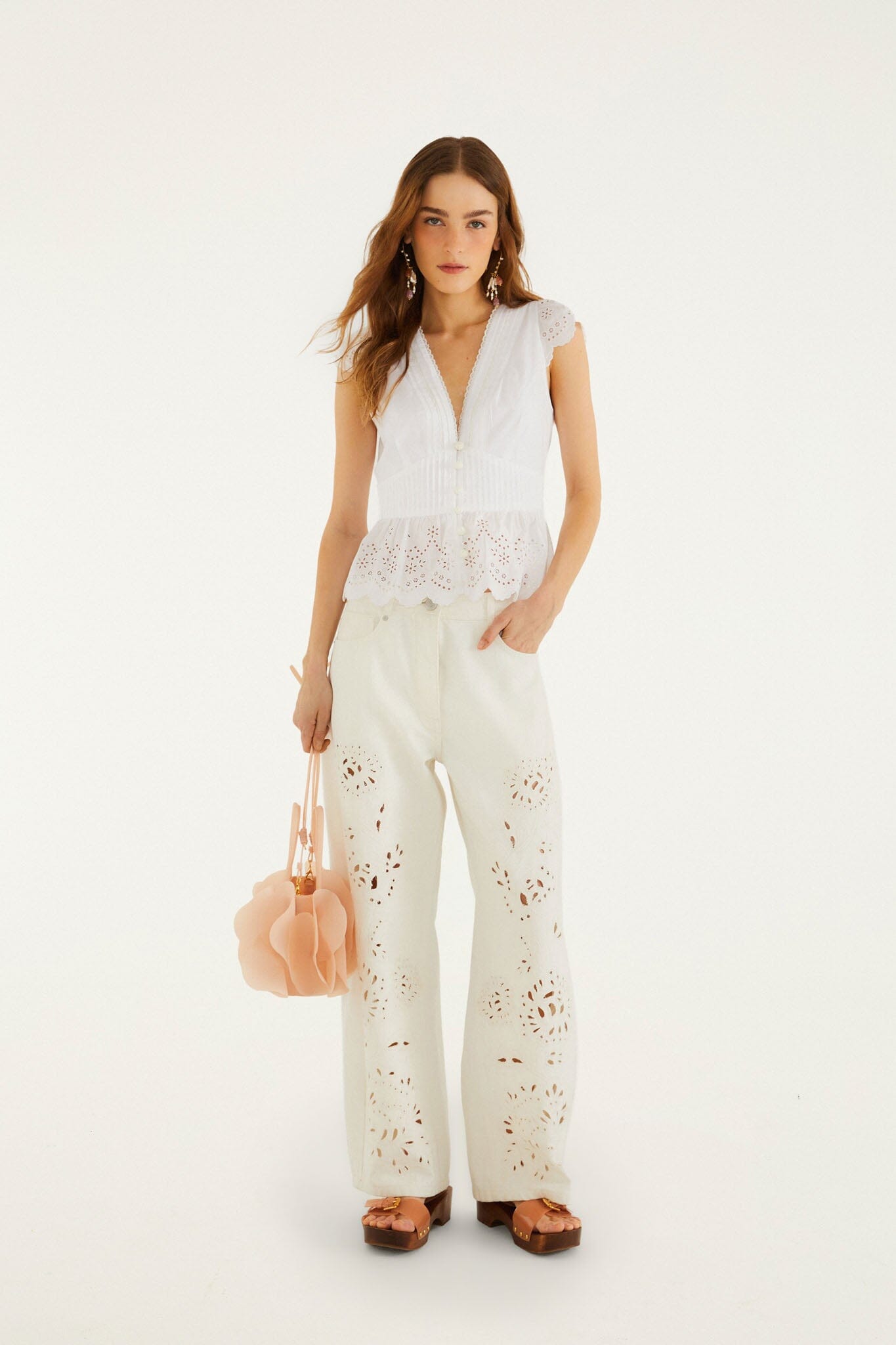 FARM Rio model wearing the Off-White Embroidered Lace Blouse