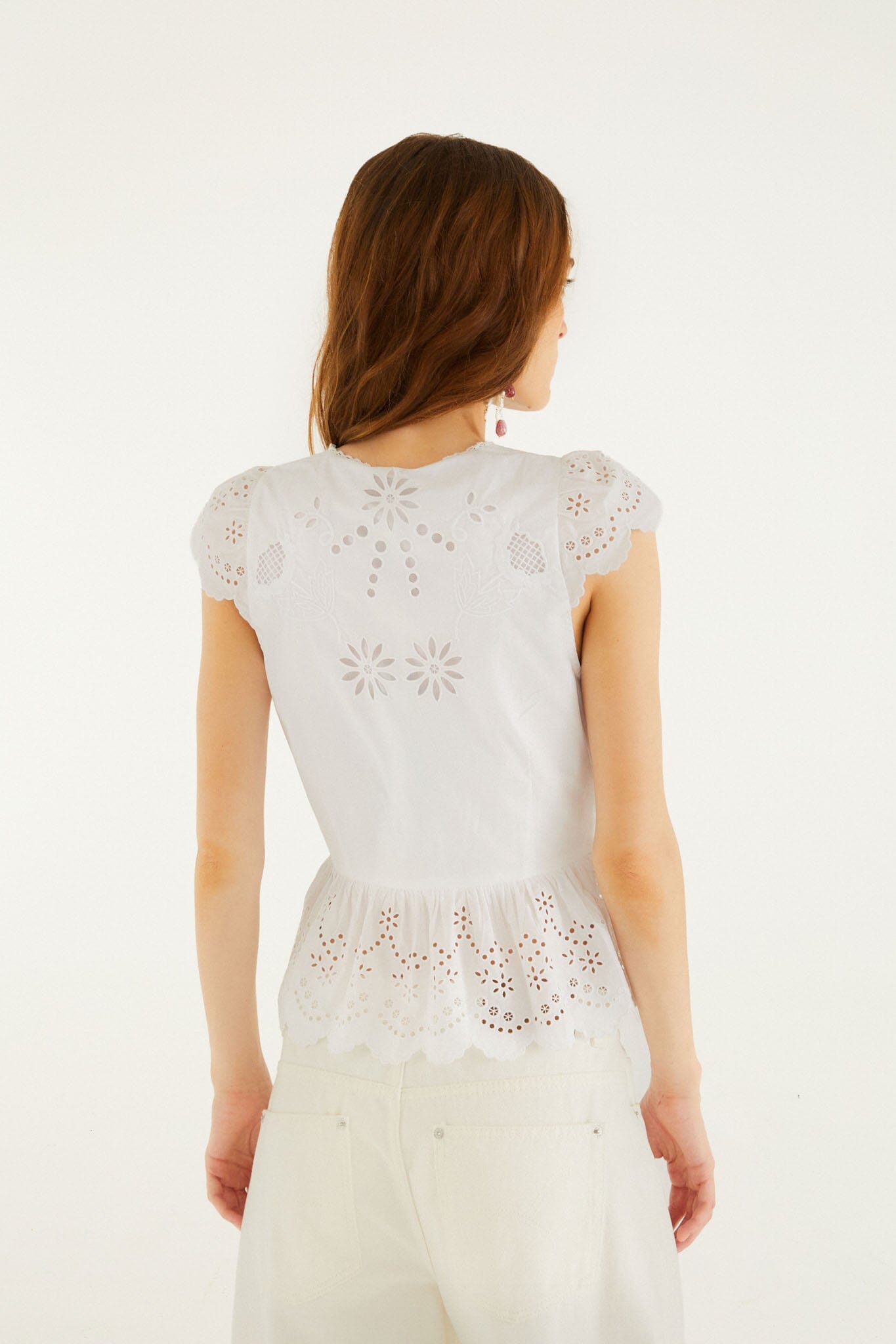 FARM Rio model wearing the Off-White Embroidered Lace Blouse