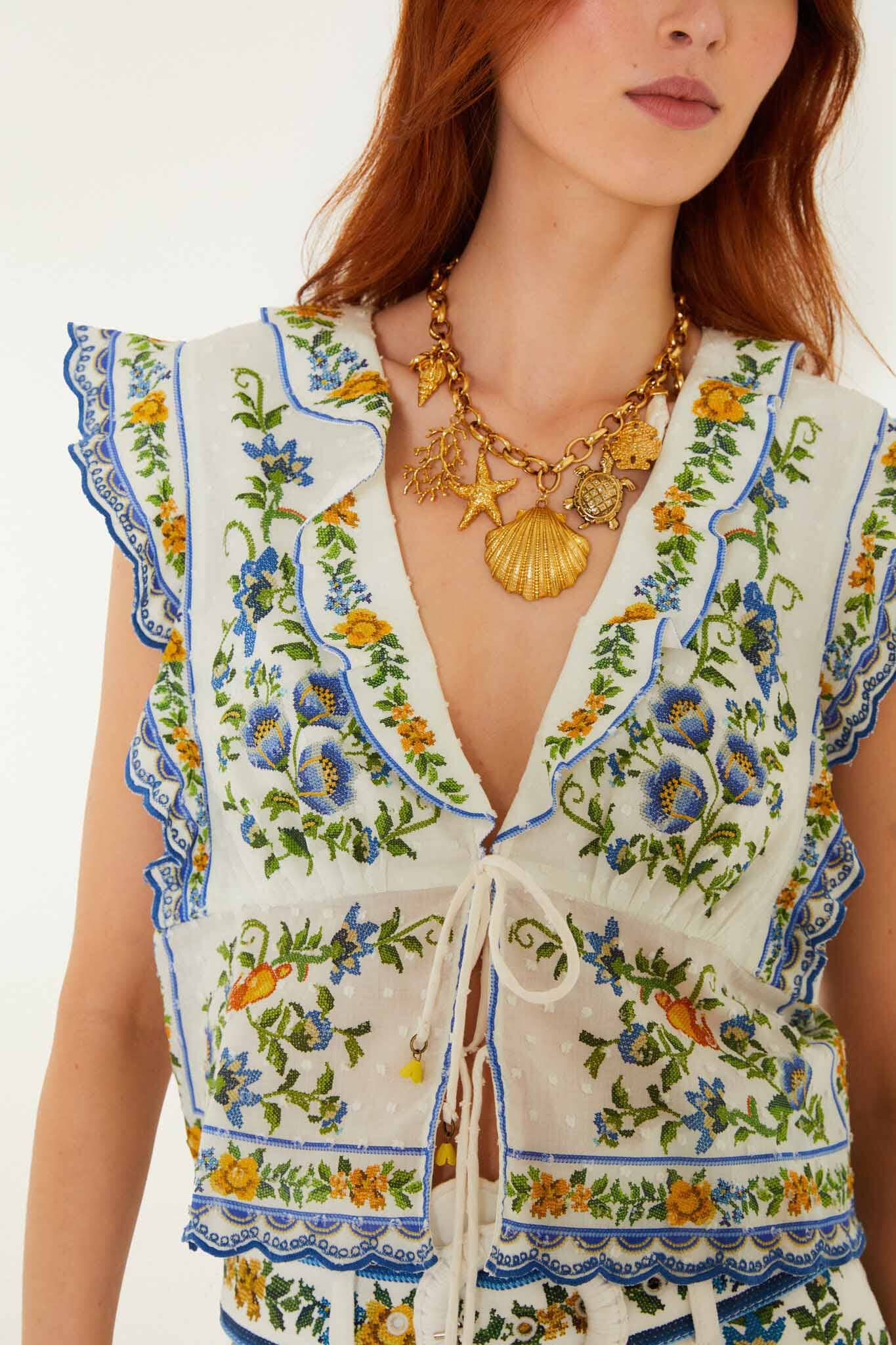 FARM Rio model wearing the Off-White Emily Floral Tapestry Drawstring Blouse