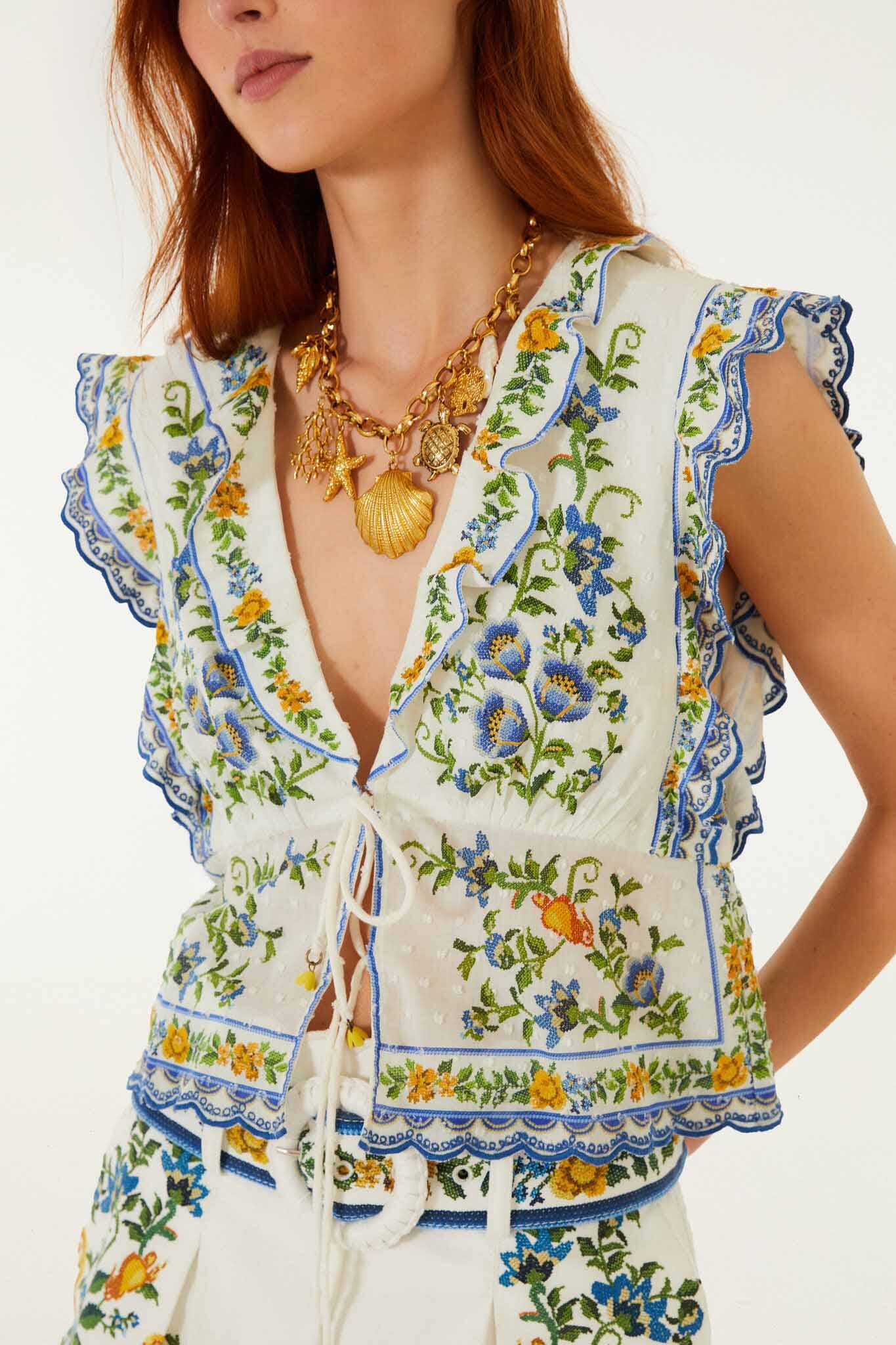 FARM Rio model wearing the Off-White Emily Floral Tapestry Drawstring Blouse