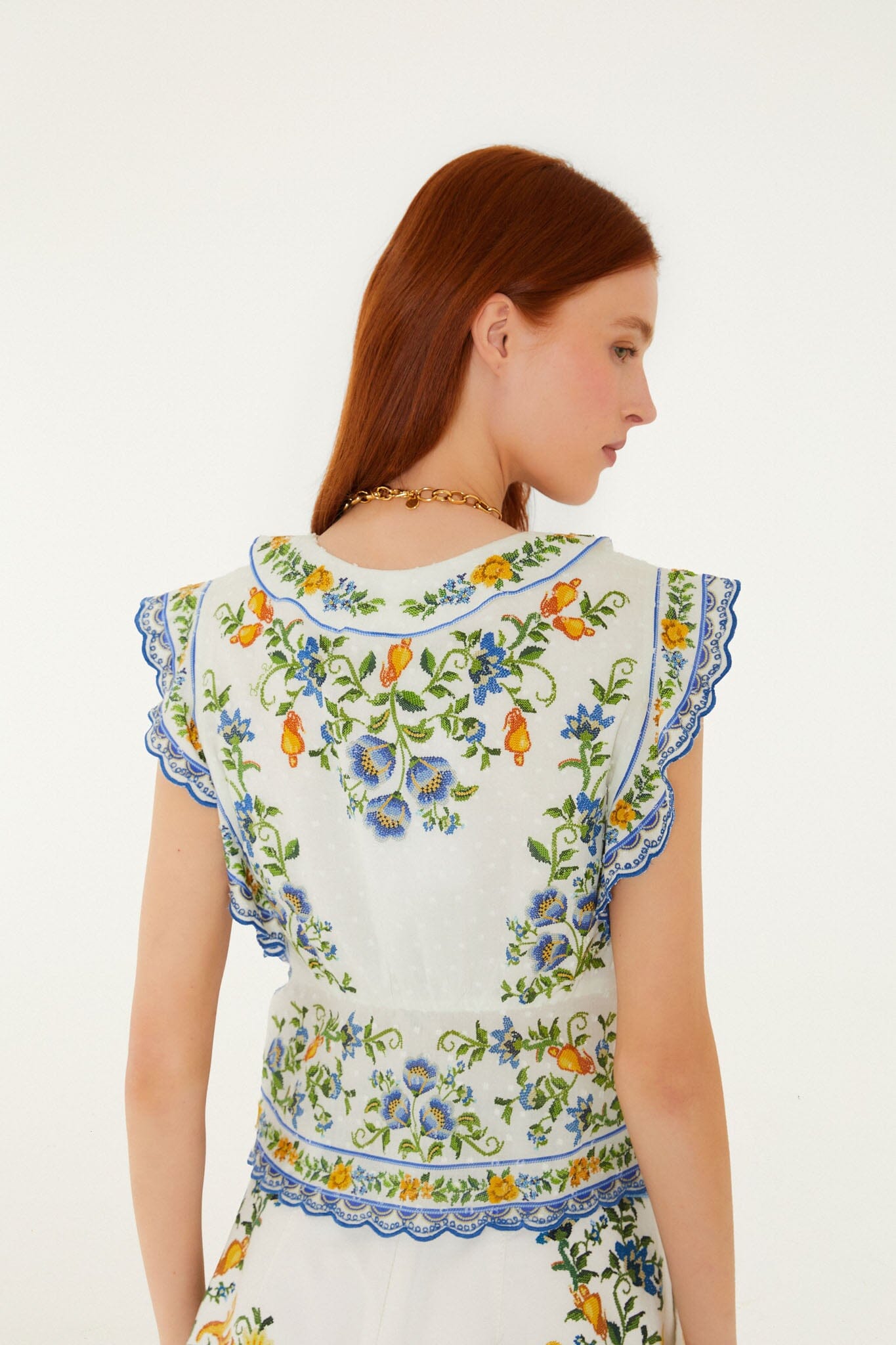 FARM Rio model wearing the Off-White Emily Floral Tapestry Drawstring Blouse