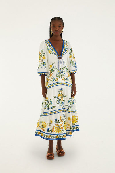 farm rio floral sketch white midi dress Off-White Emily Floral Tapestry Drawstring Midi Dress