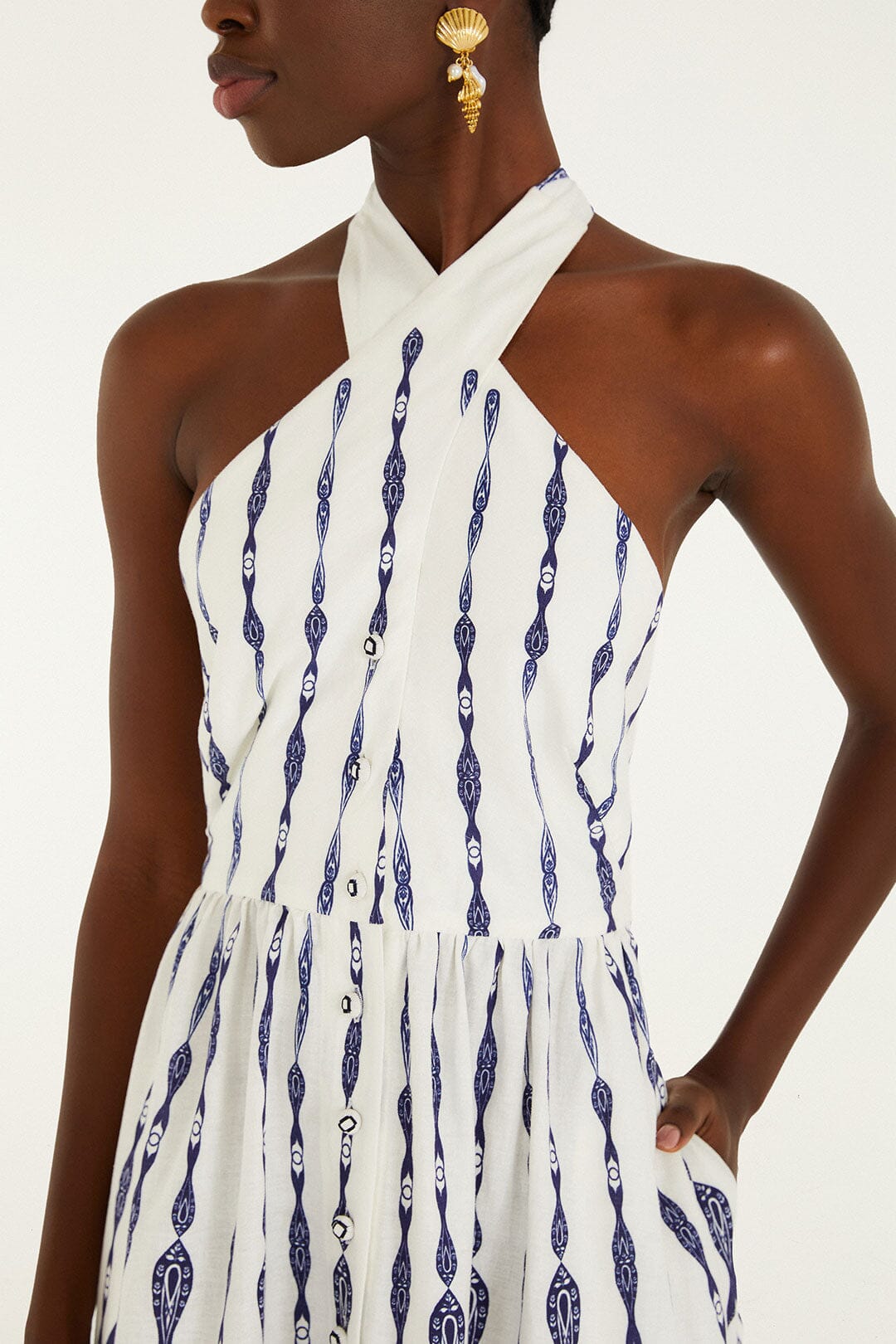 FARM Rio model wearing the Off-White Fishes Flow Halter Neck Lenzing Ecovero Euroflax Midi Dress