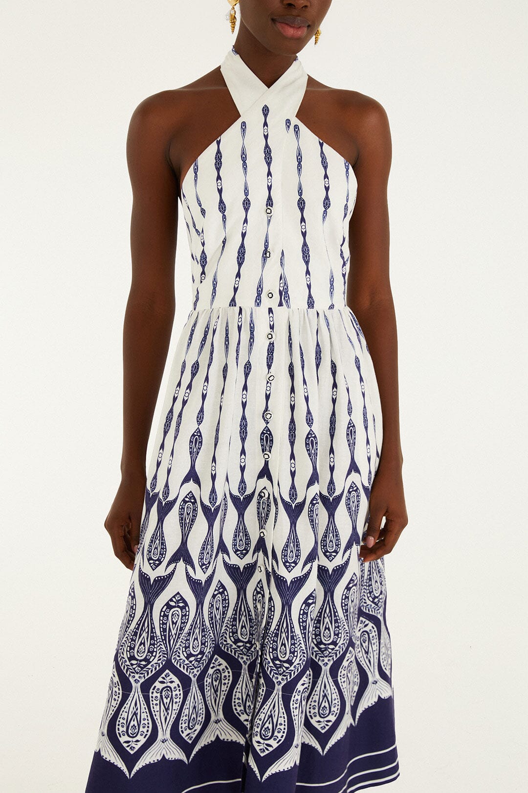 FARM Rio model wearing the Off-White Fishes Flow Halter Neck Lenzing Ecovero Euroflax Midi Dress