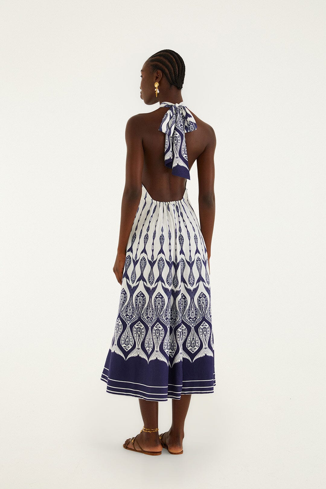 FARM Rio model wearing the Off-White Fishes Flow Halter Neck Lenzing Ecovero Euroflax Midi Dress