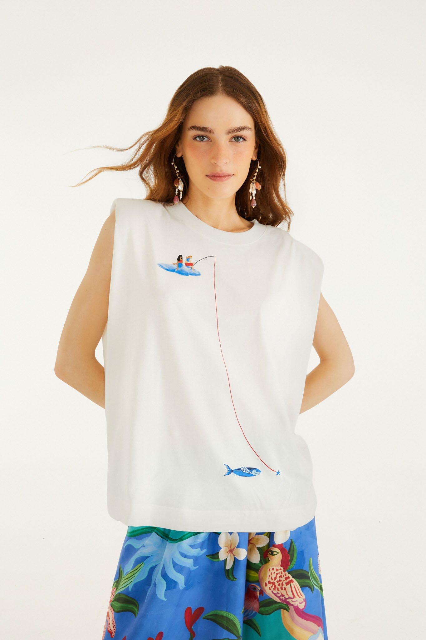 FARM Rio model wearing the Off-White Fishing Dreams Padded Shoulder T-Shirt