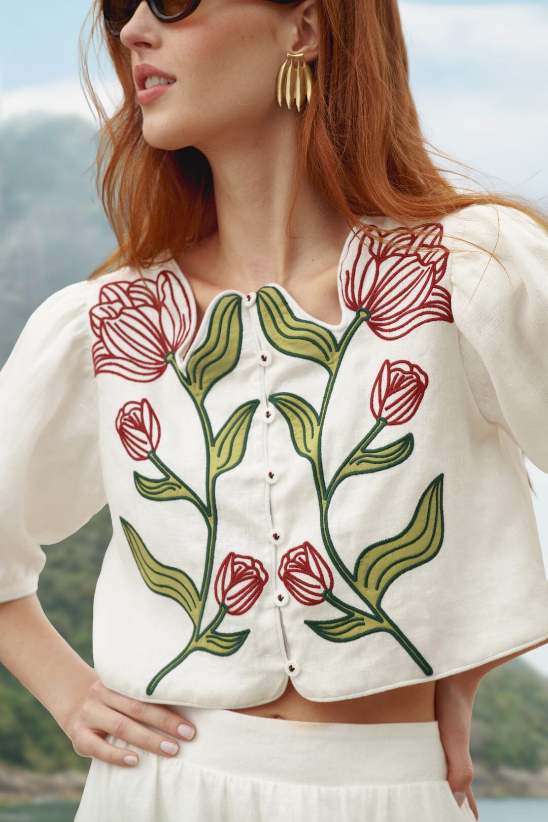 FARM Rio model wearing the Off-White Flower Embroidered Euroflax Premium Linen Crop Top