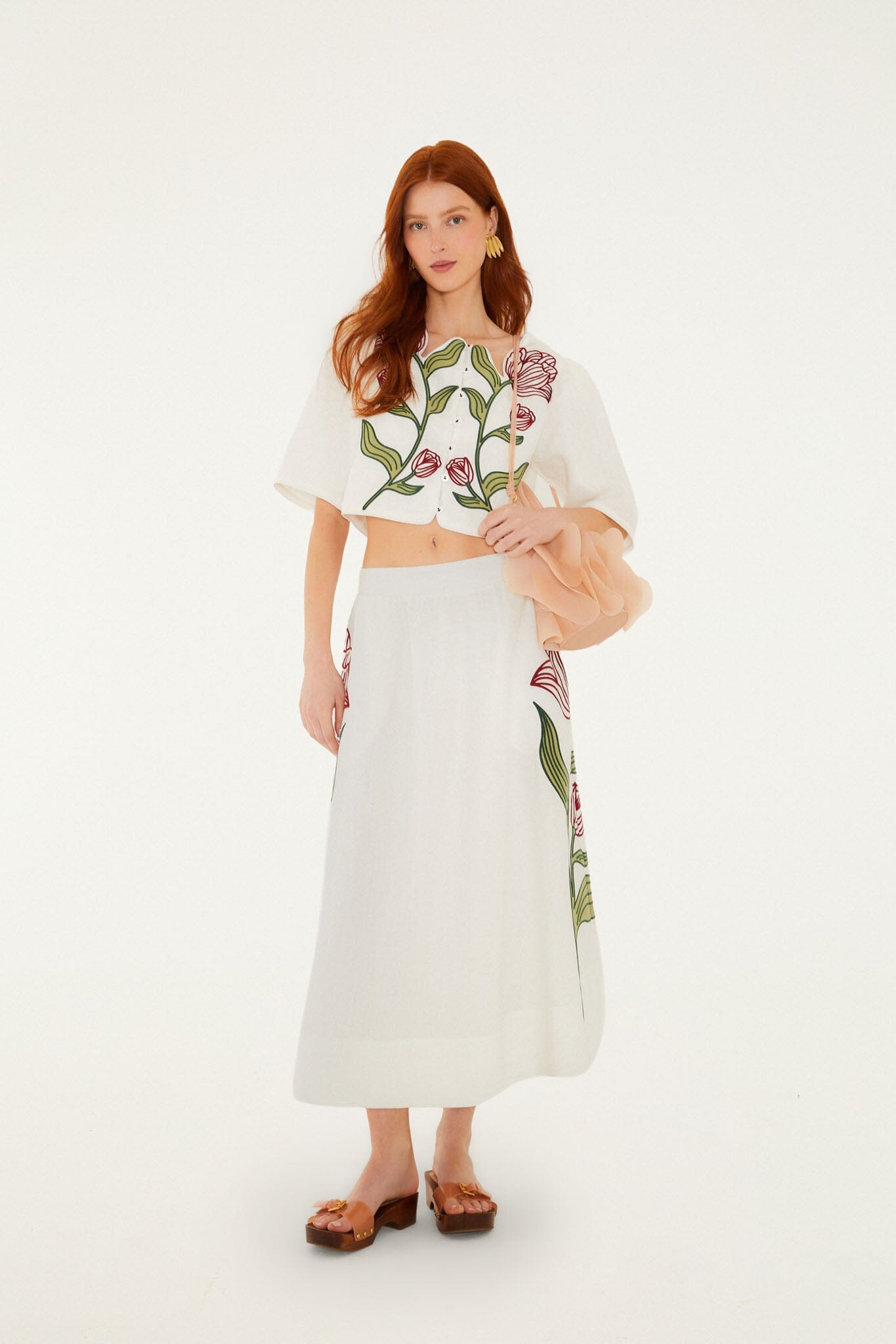 FARM Rio model wearing the Off-White Flower Embroidered Euroflax Premium Linen Midi Skirt
