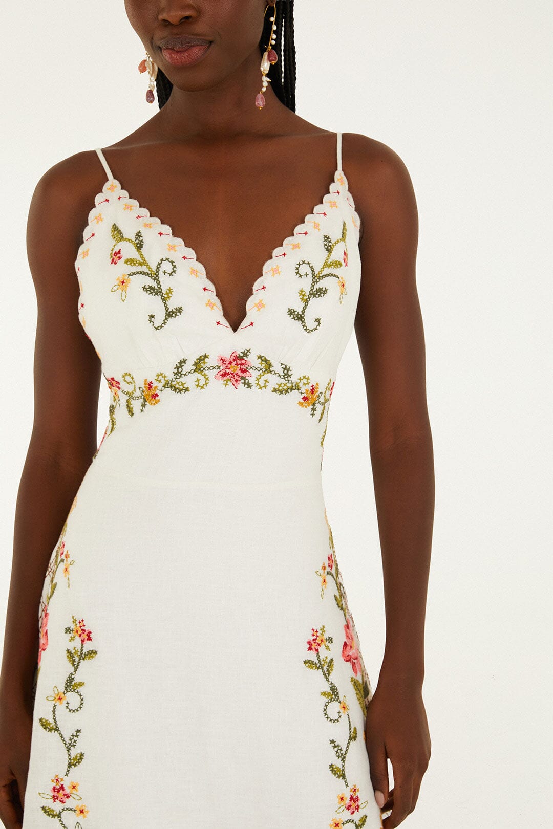 Off-White Flower Embroidery Asymetric Hem Midi Dress | FARM Rio