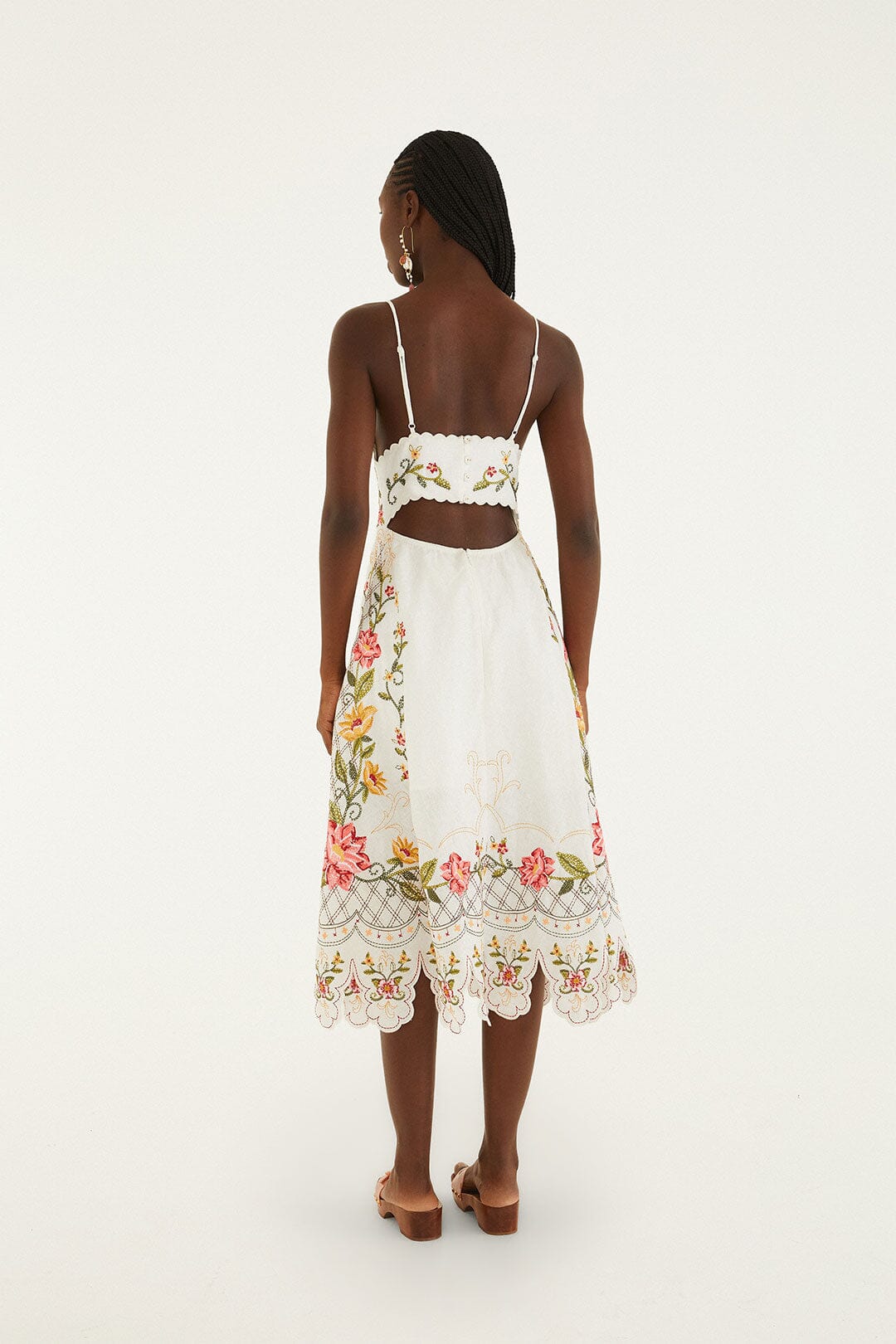 FARM Rio model wearing the Off-White Flower Embroidery Asymetric Hem Midi Dress