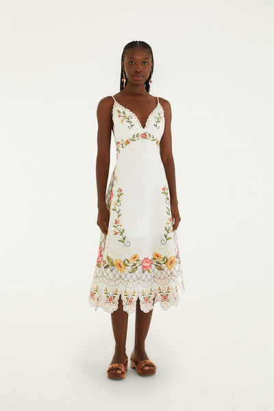 Off-White Flower Embroidery Asymetric Hem Midi Dress | FARM Rio