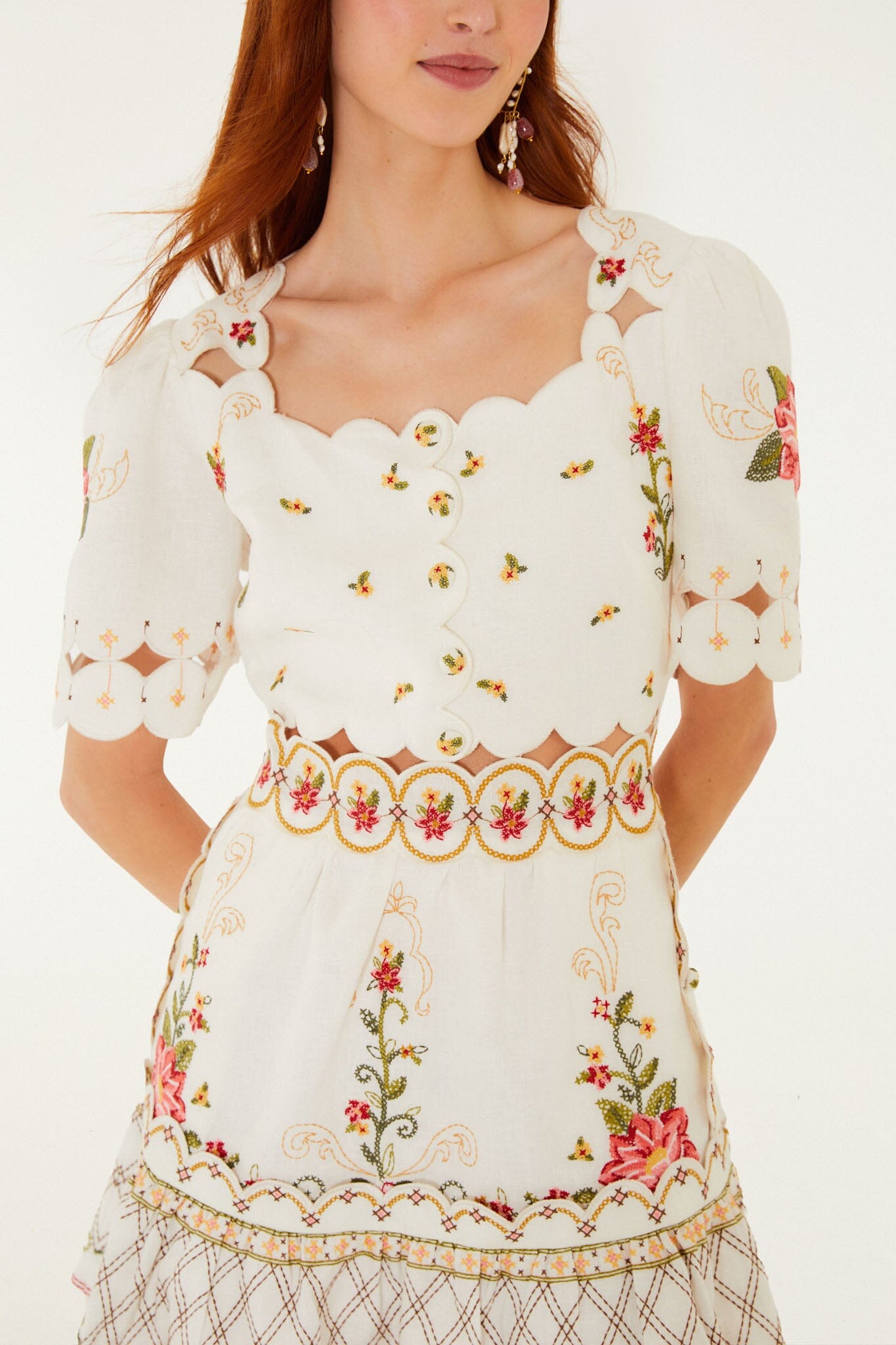 FARM Rio model wearing the Off-White Flower Embroidery Scalloped Mini Dress