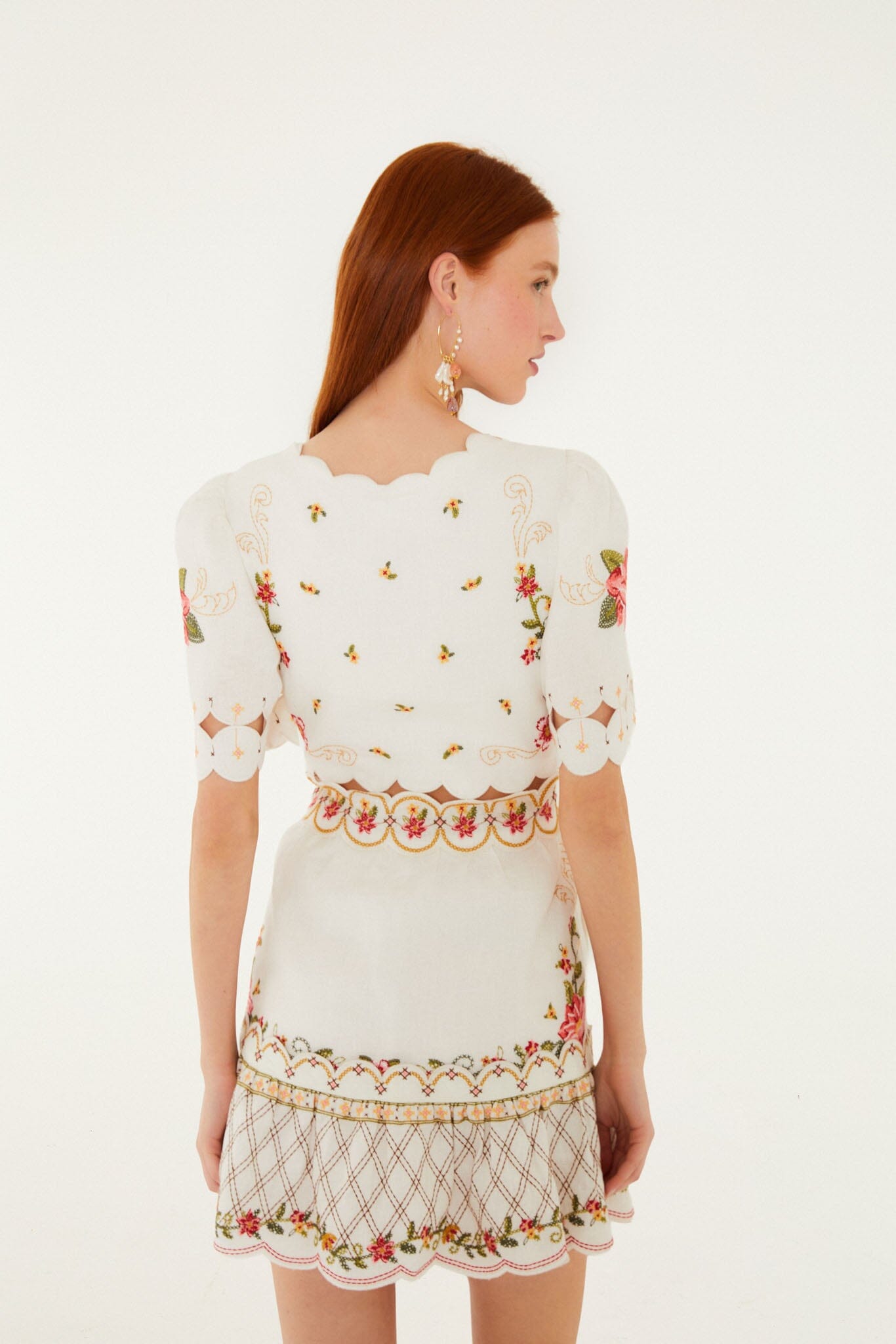 Off-White Flower Embroidery Scalloped Mini Dress | FARM Rio Off-White Flower Embroidery Scalloped Mini Dress | FARM Rio