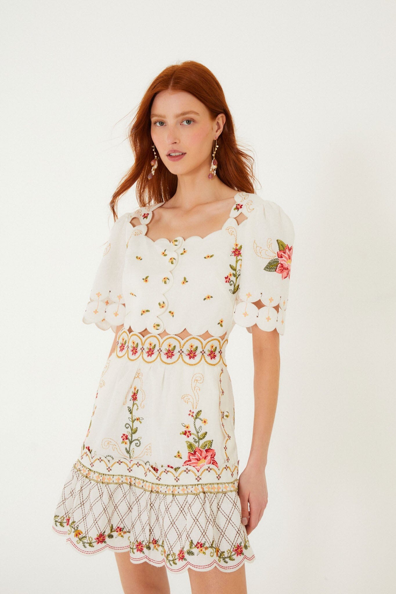 FARM Rio model wearing the Off-White Flower Embroidery Scalloped Mini Dress