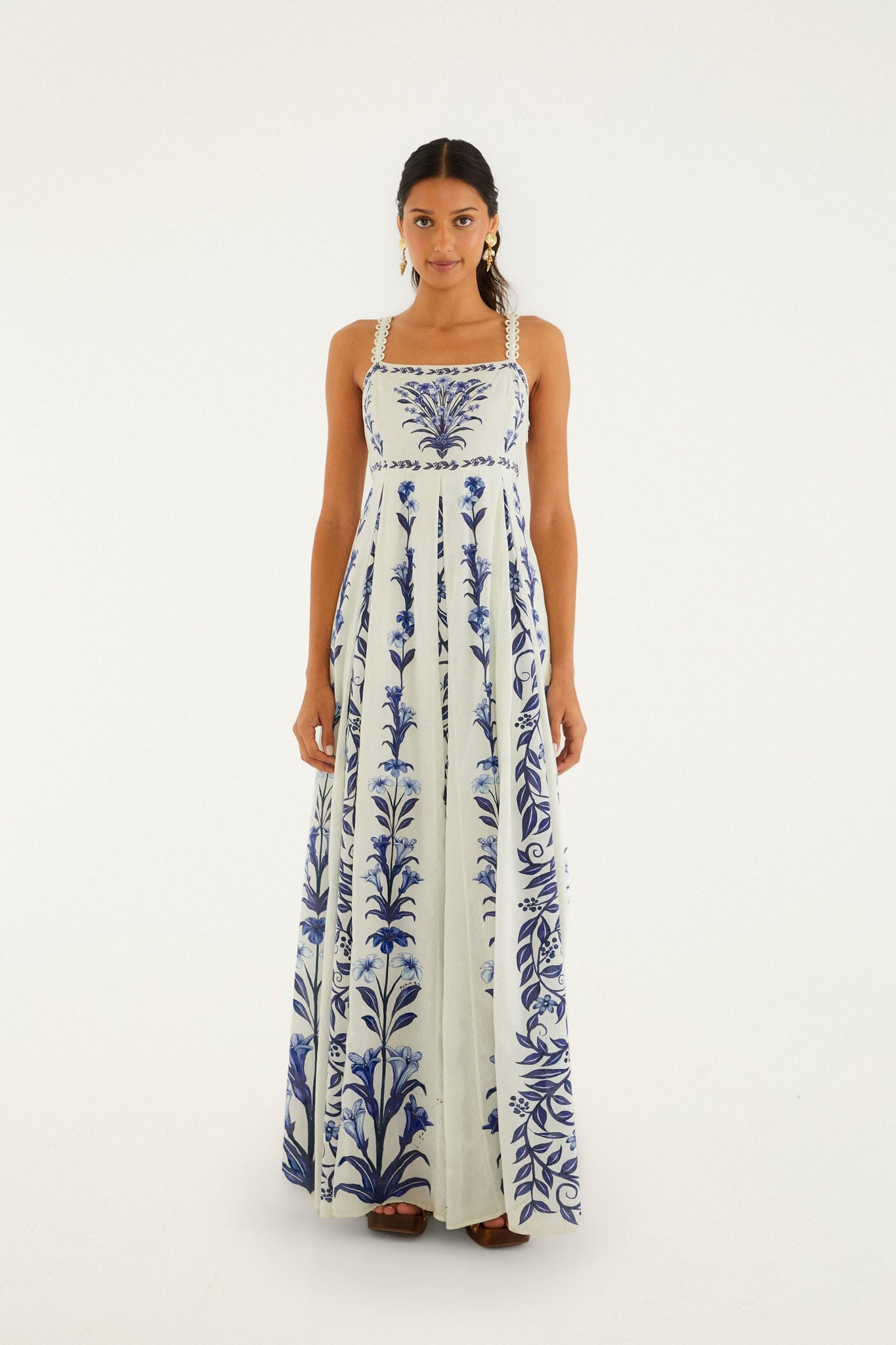 FARM Rio model wearing the Off-White Flowers Arch Pleats Maxi Dress