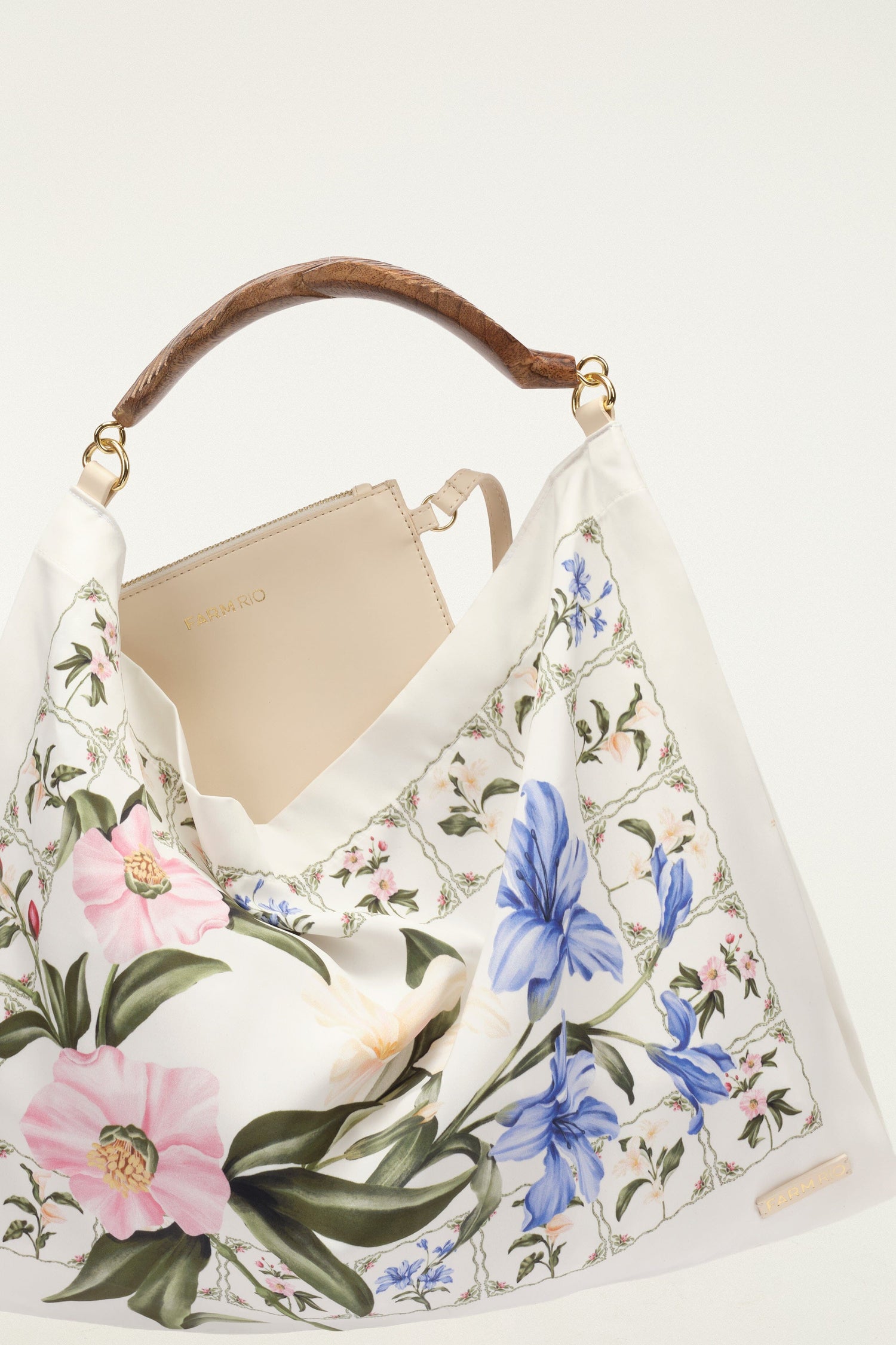 FARM Rio model wearing the Off-White Flowers Satin Small Scarf Bag