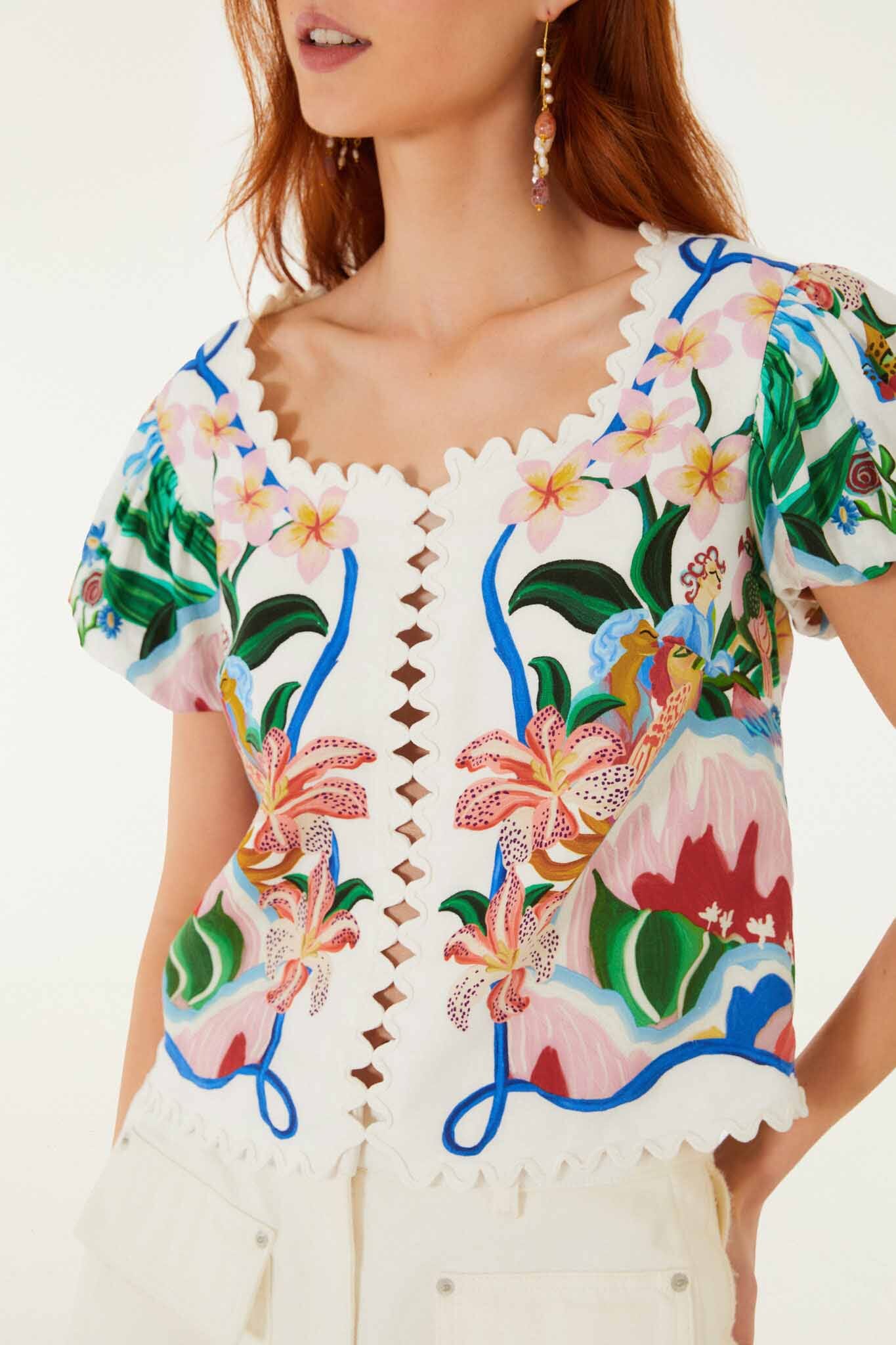 FARM Rio model wearing the Off-White Garden Of Life Scarf Scalloped Blouse
