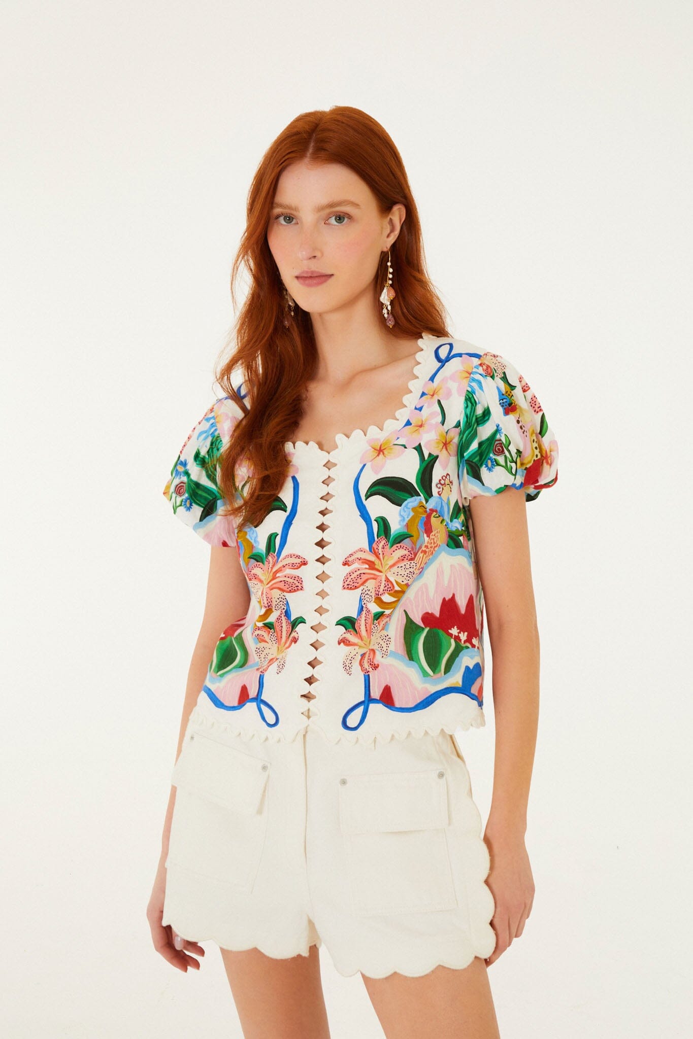 FARM Rio model wearing the Off-White Garden Of Life Scarf Scalloped Blouse