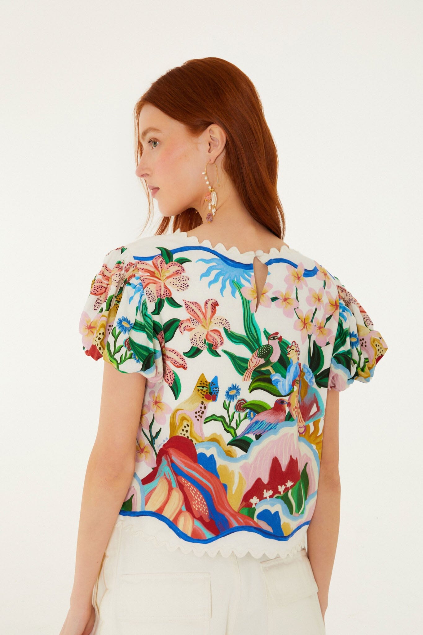 FARM Rio model wearing the Off-White Garden Of Life Scarf Scalloped Blouse