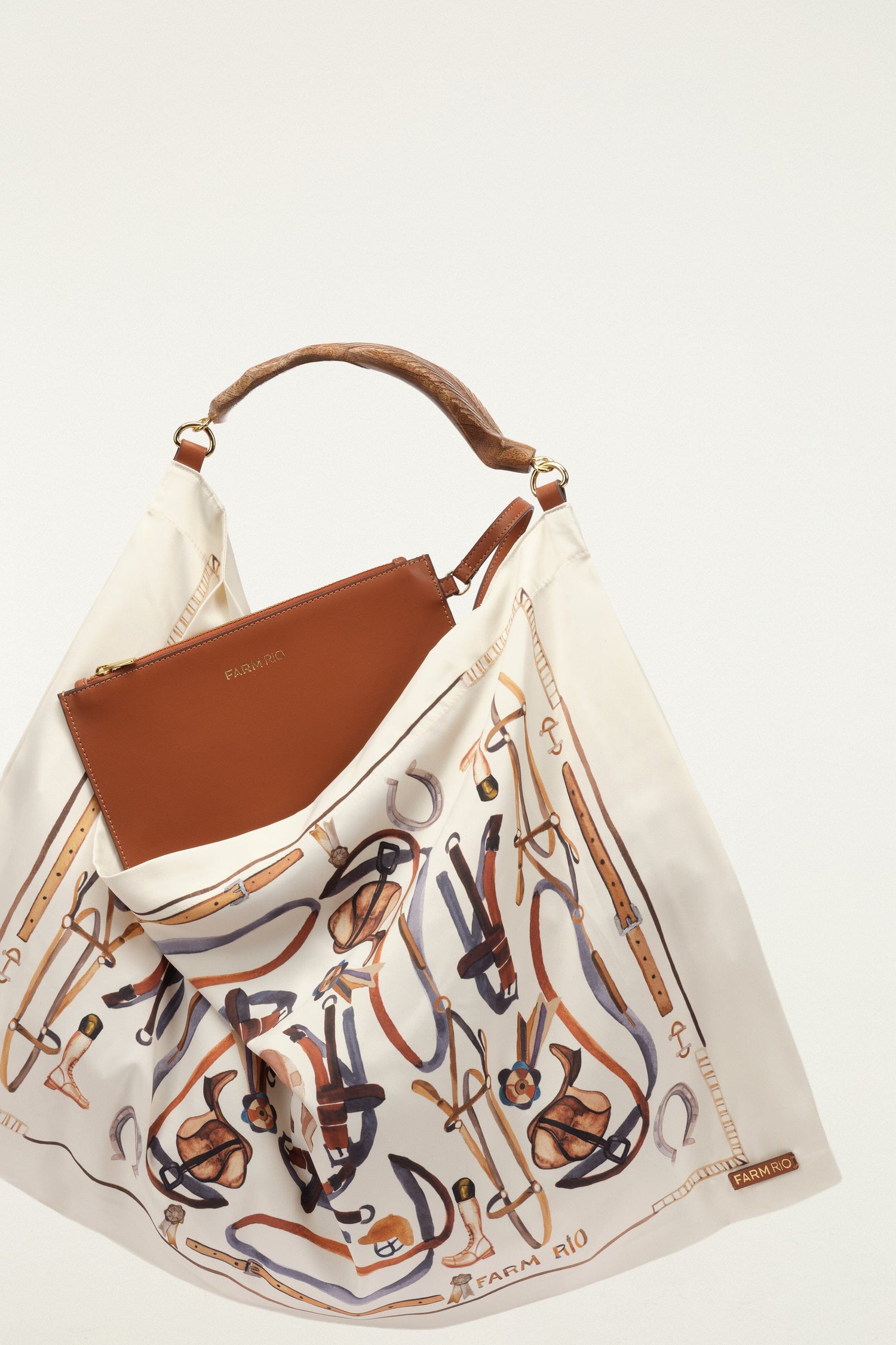 FARM Rio model wearing the Off-White Horses Satin Medium Scarf Bag