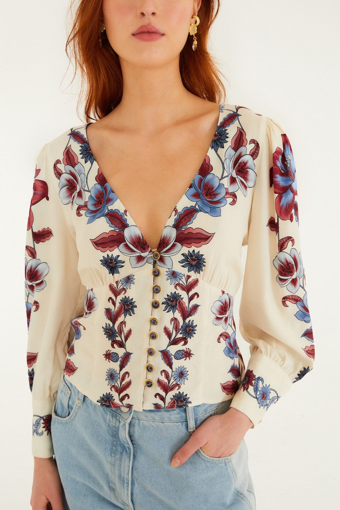 FARM Rio model wearing the Off-White Malu Winter Buttoned Long Sleeve Blouse