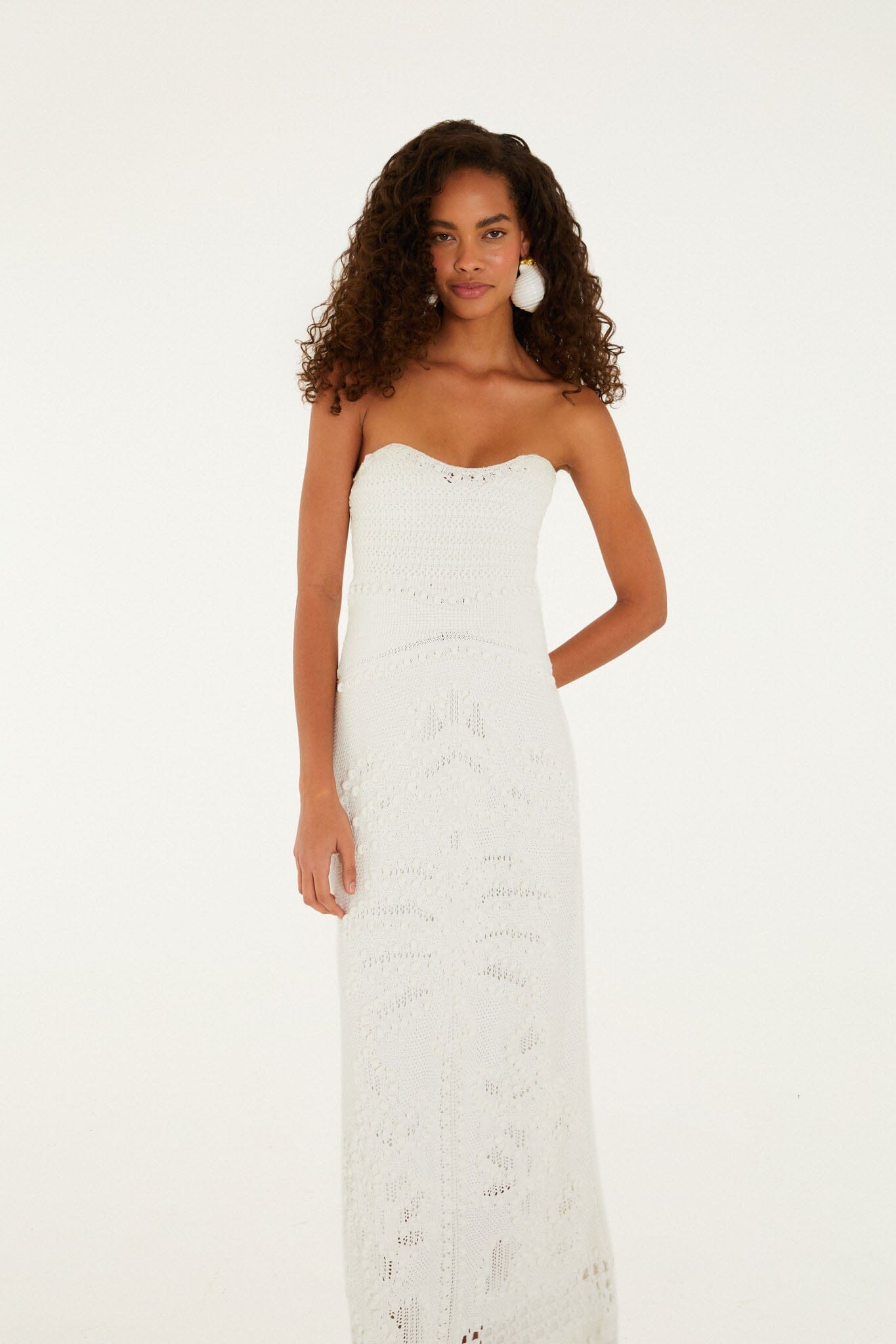 FARM Rio model wearing the Off-White Palm Tree Knit Midi Dress