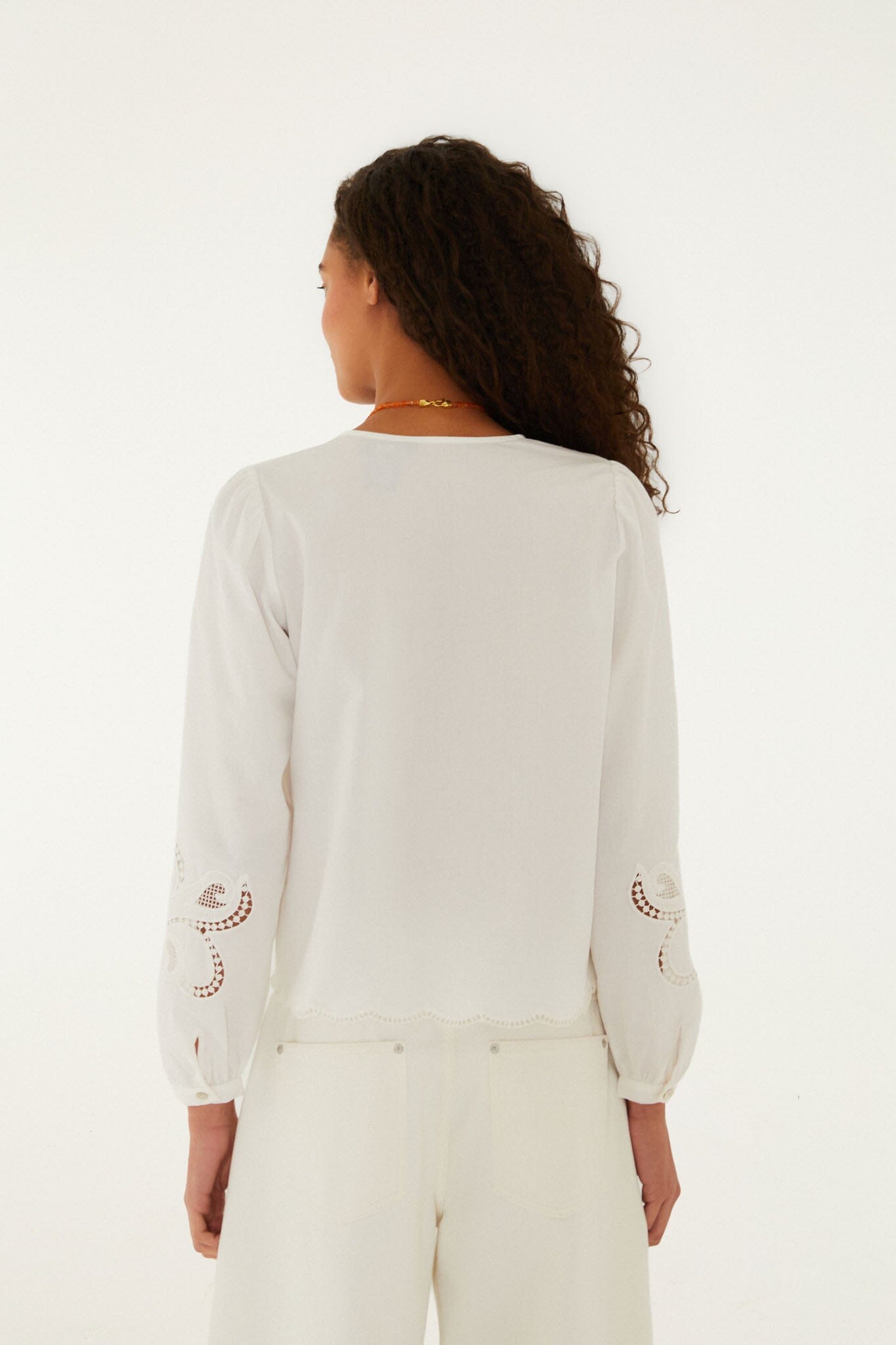 FARM Rio model wearing the Off-White Richelieu Long Sleeve Blouse