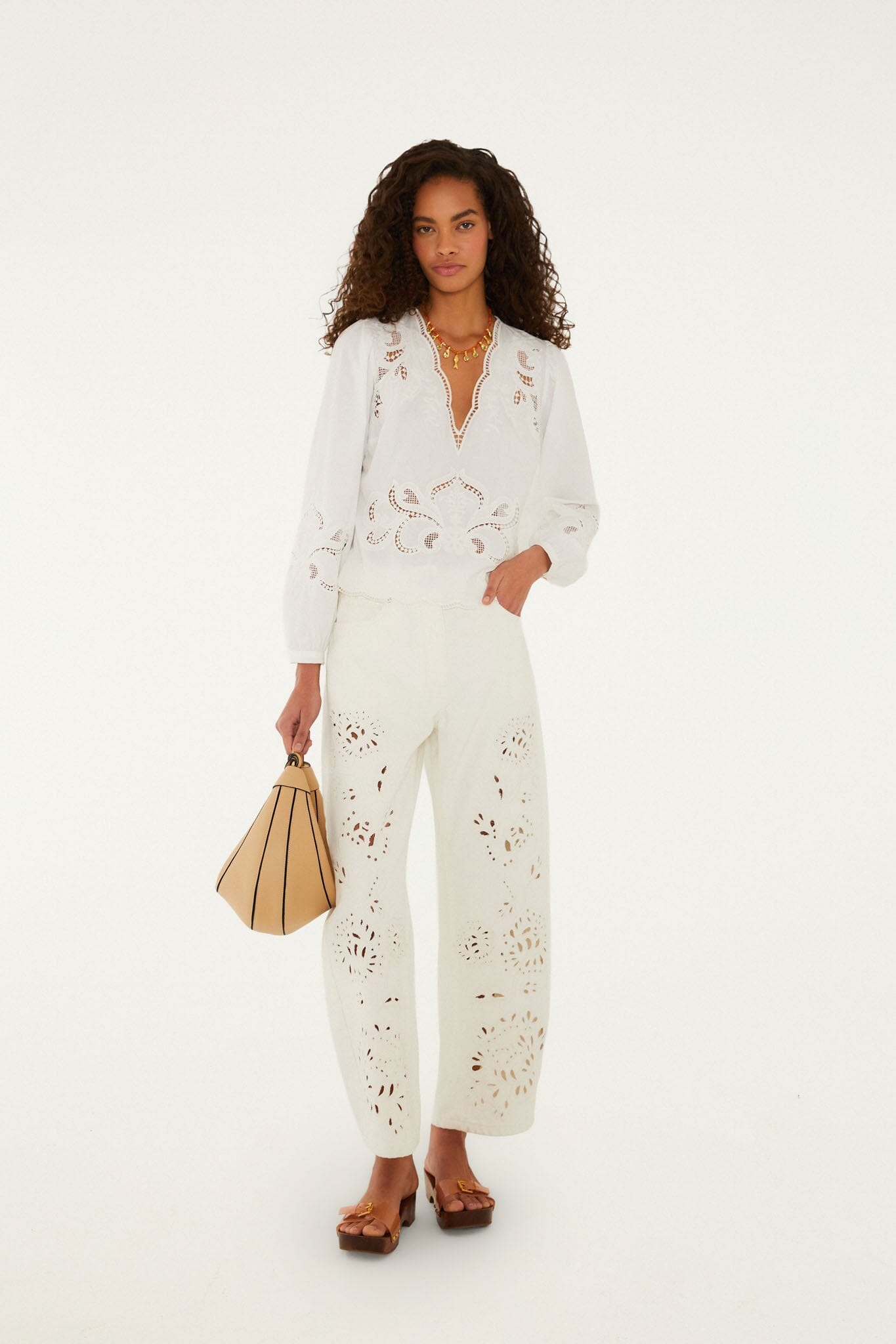 FARM Rio model wearing the Off-White Richelieu Long Sleeve Blouse