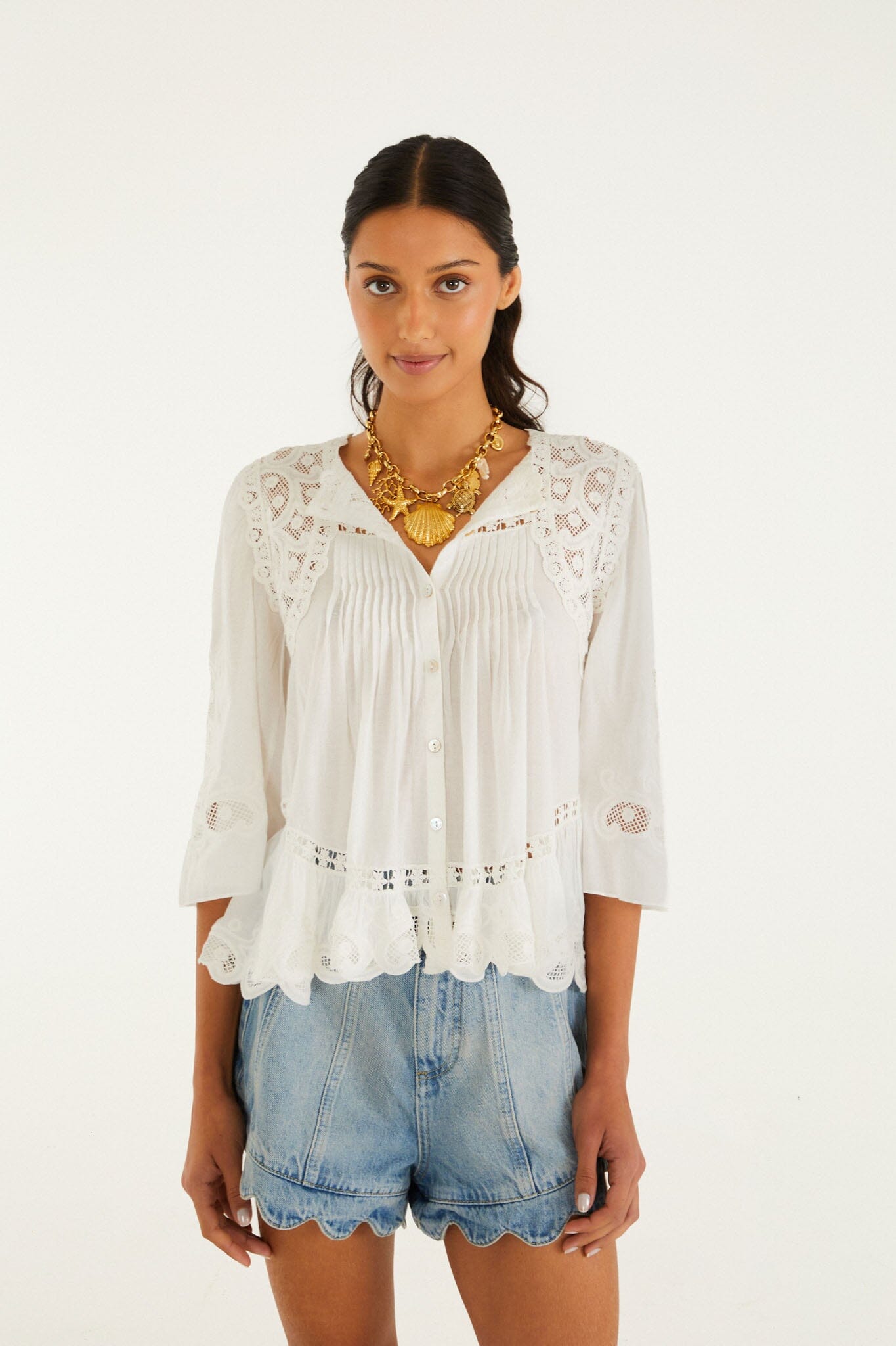 FARM Rio model wearing the Off-White Richelieu Short Sleeve Blouse