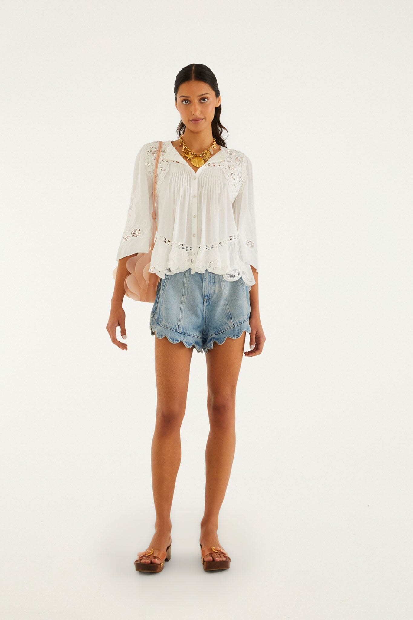 21SS新作　Rito BIG SLEEVE BLOUSE  リト Denim Richelieu Kimono Sleeves Cropped Blouse | FARM Rio