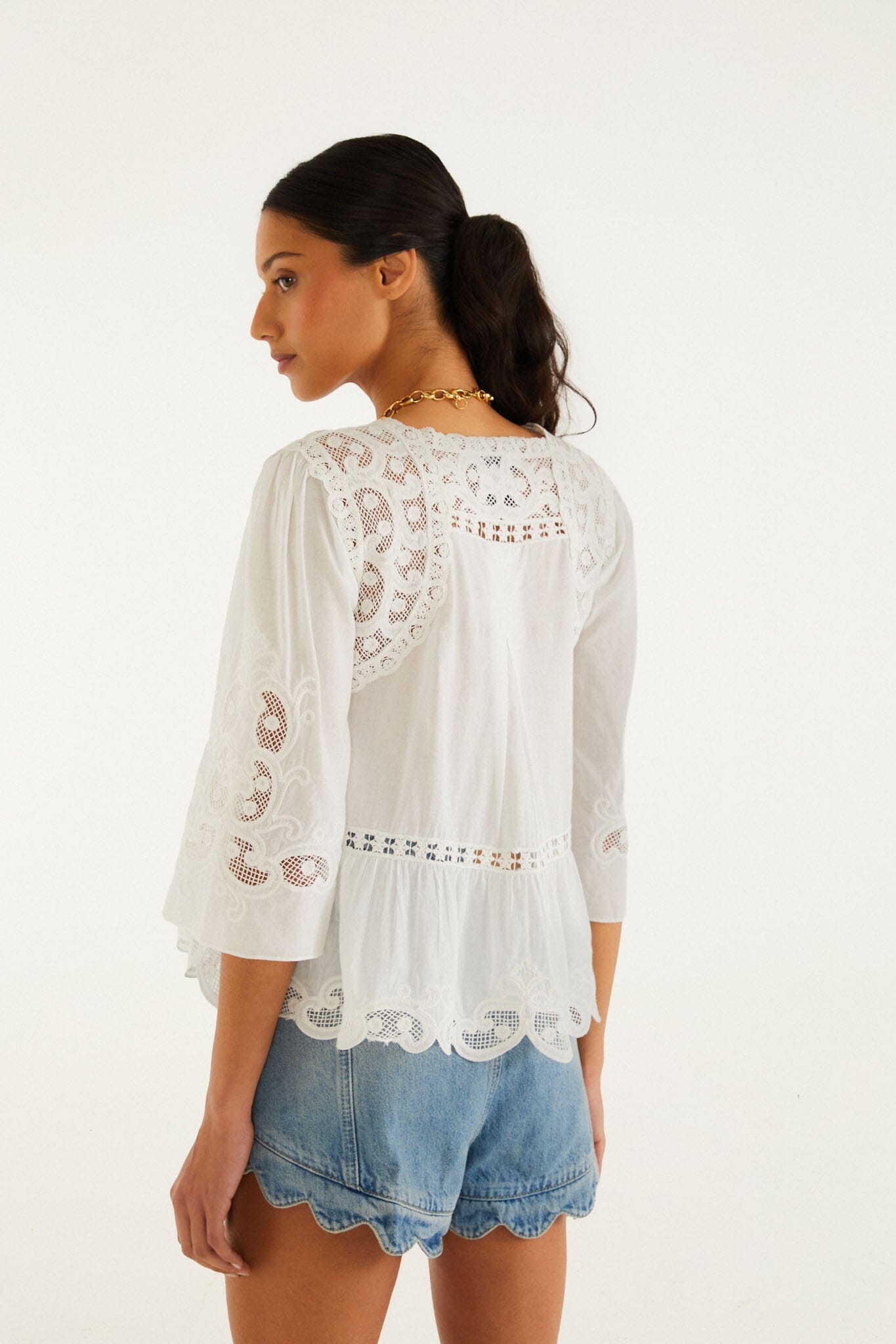 FARM Rio model wearing the Off-White Richelieu Short Sleeve Blouse