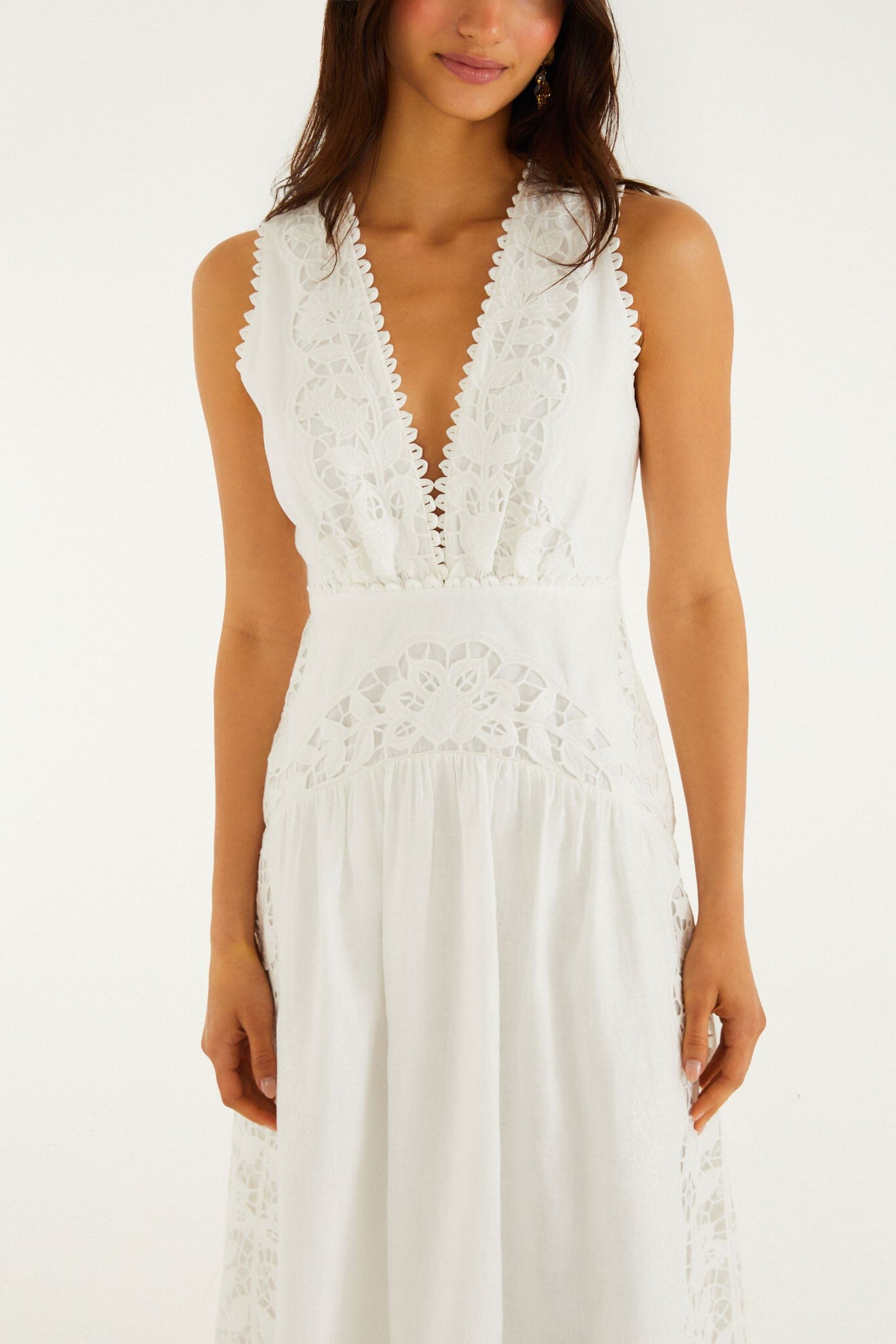 Off-White Richelieu V Neck Sleeveless Midi Dress | FARM Rio Off-White Richelieu V Neck Sleeveless Midi Dress | FARM Rio