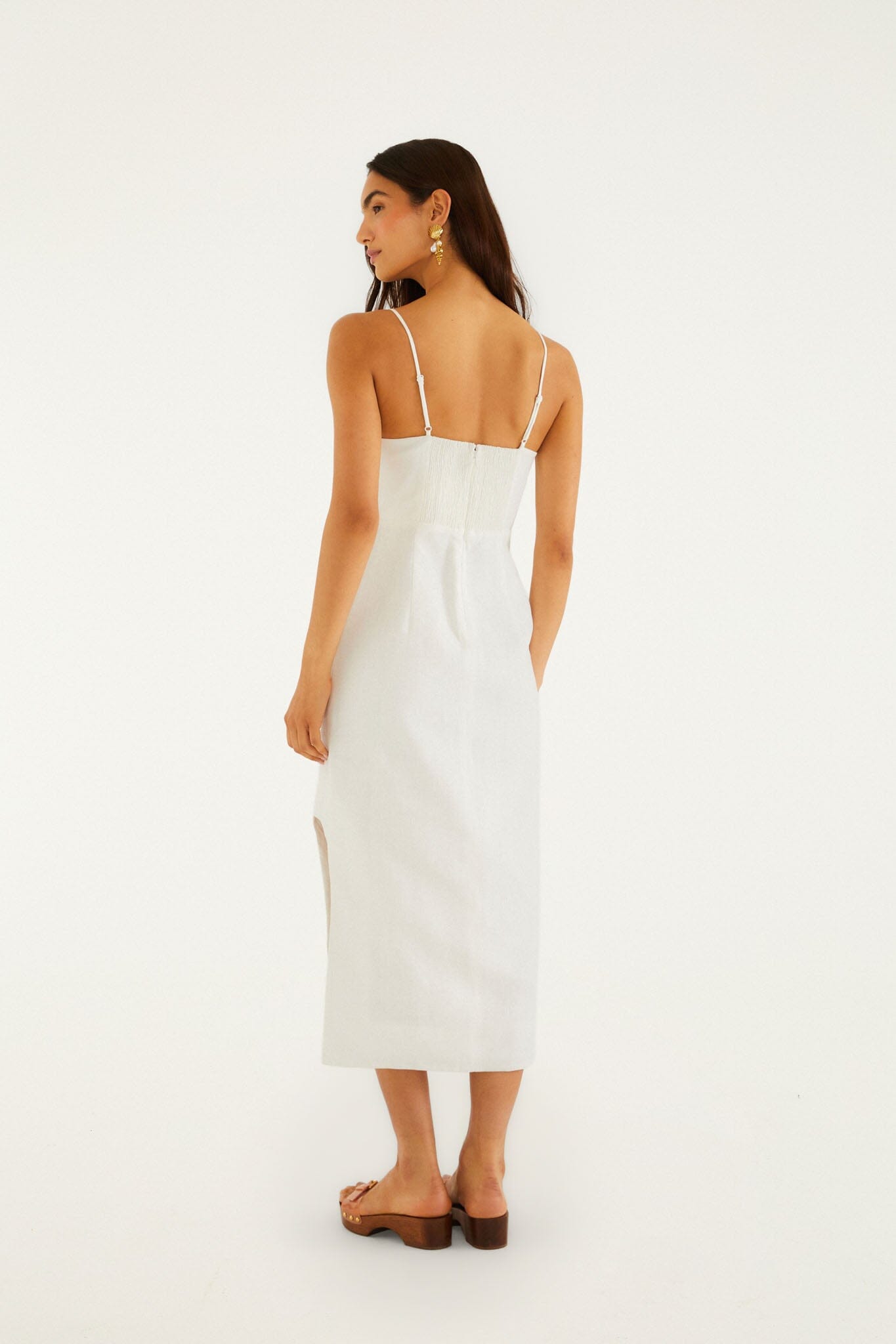 FARM Rio model wearing the Off-White Shell Bodice Pearl Midi Dress