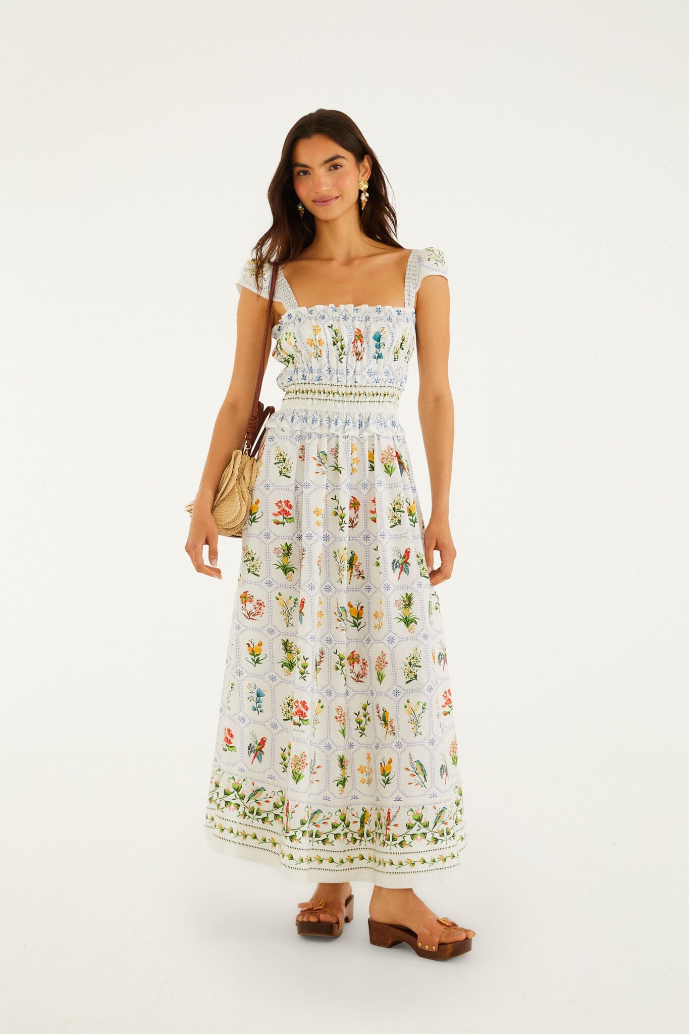 FARM Rio model wearing the Off-White Tropical Porcelain Organic Cotton Maxi Dress