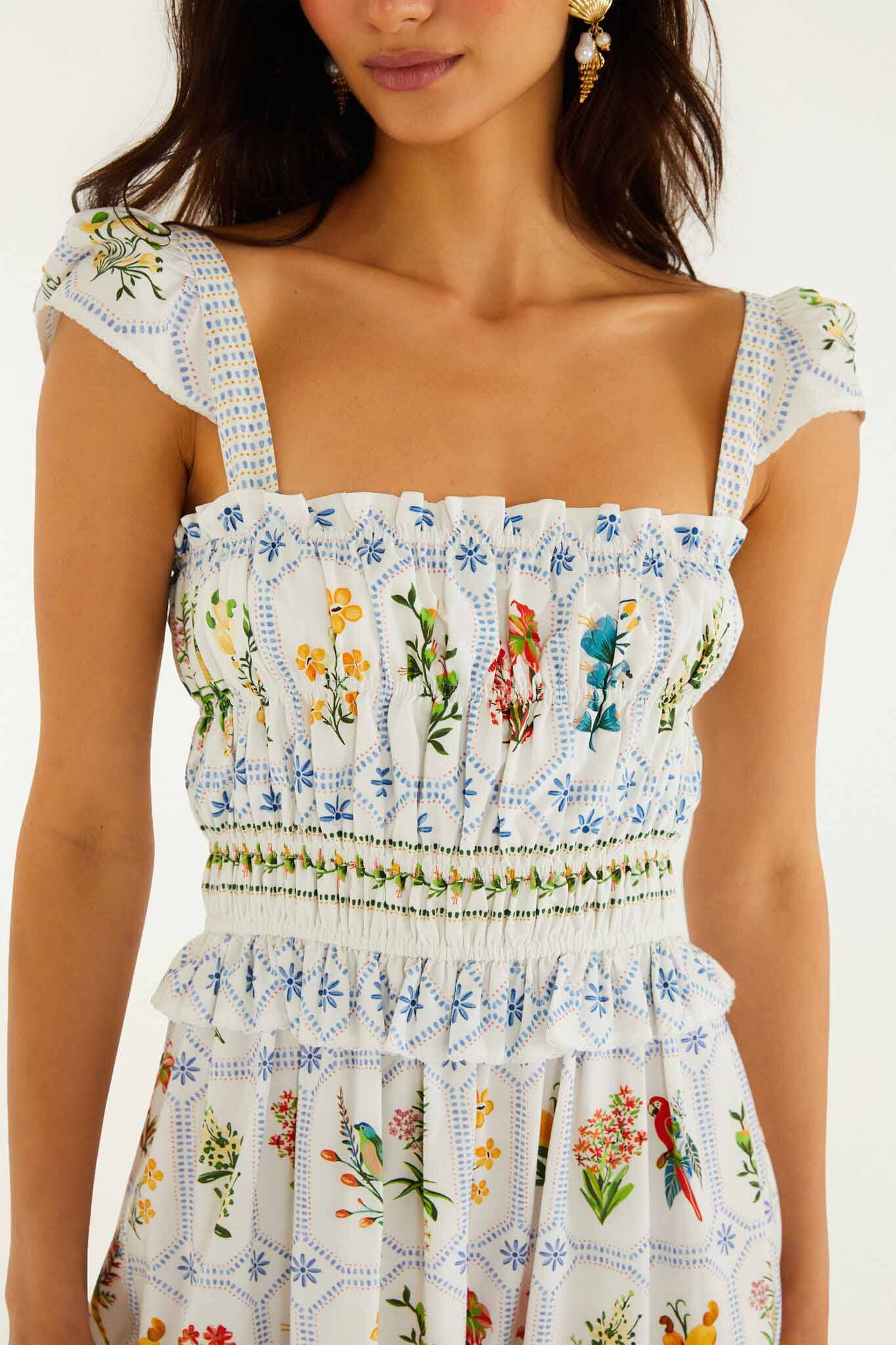 FARM Rio model wearing the Off-White Tropical Porcelain Organic Cotton Maxi Dress