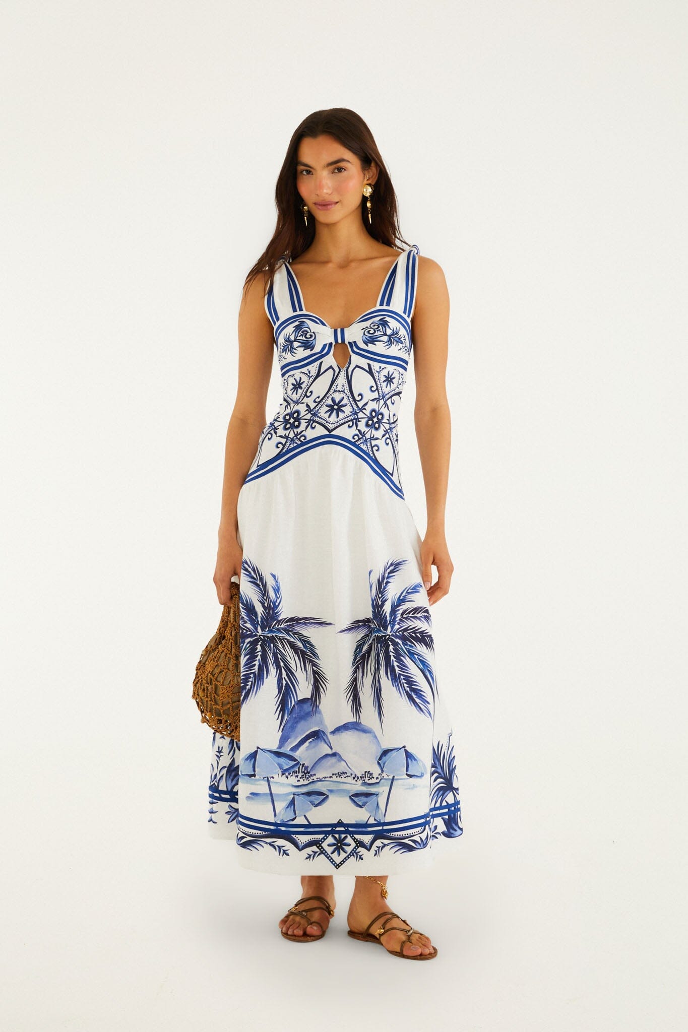 FARM Rio model wearing the Off-White Wonderful City Euroflax Premium Linen Maxi Dress