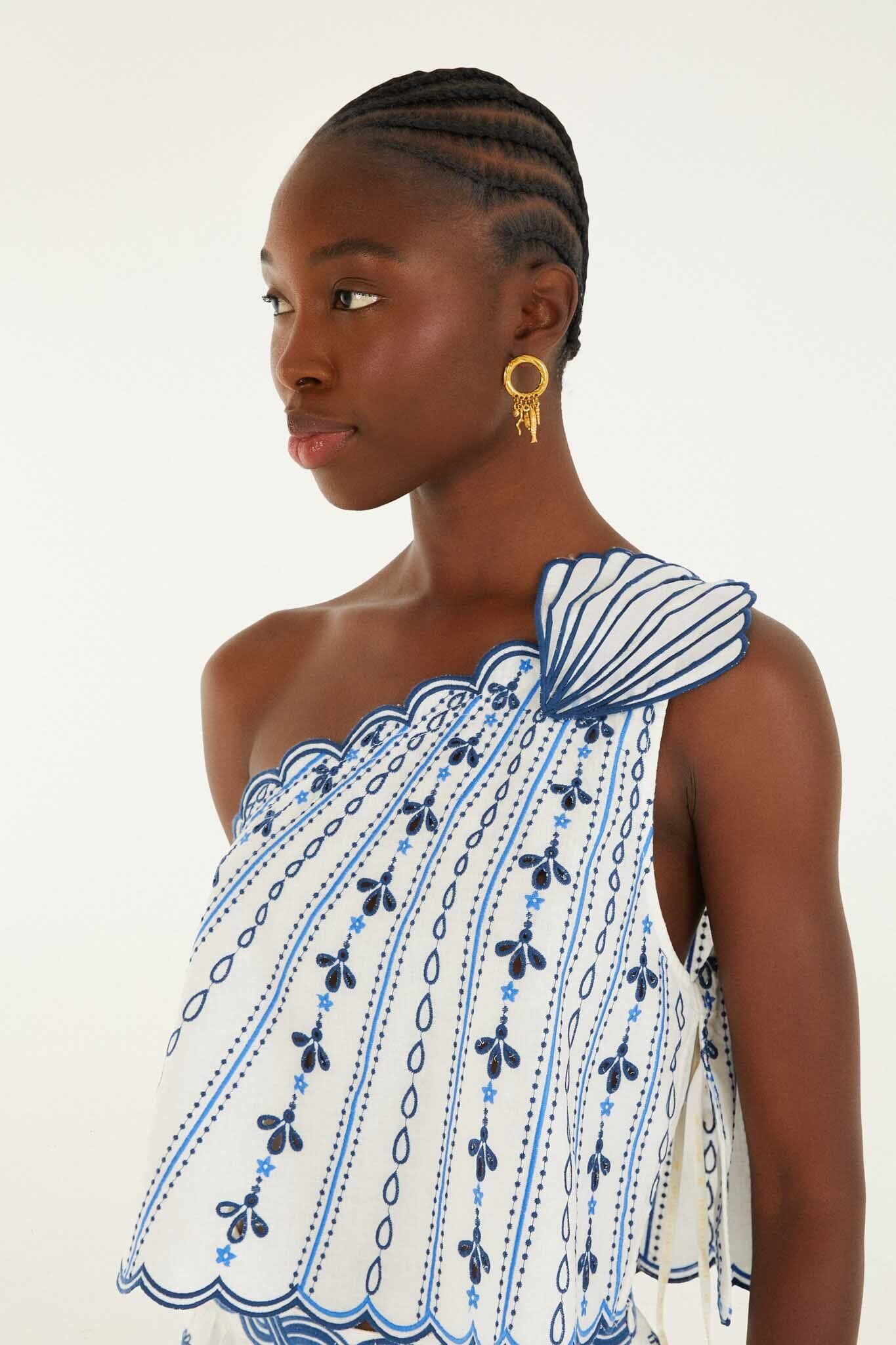 FARM Rio model wearing the One Shoulder 3d Blouse With Embroidery