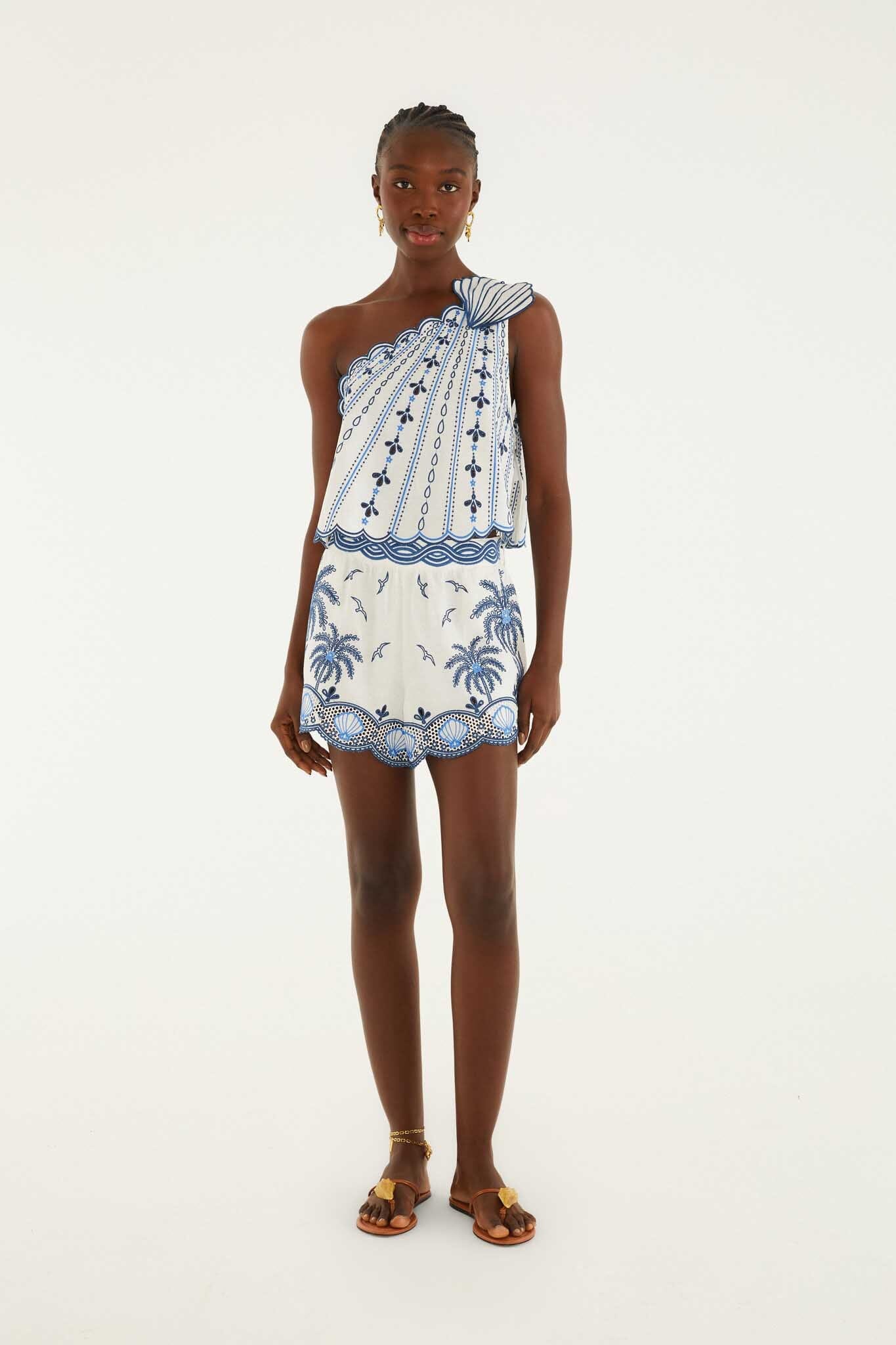 FARM Rio model wearing the One Shoulder 3d Blouse With Embroidery