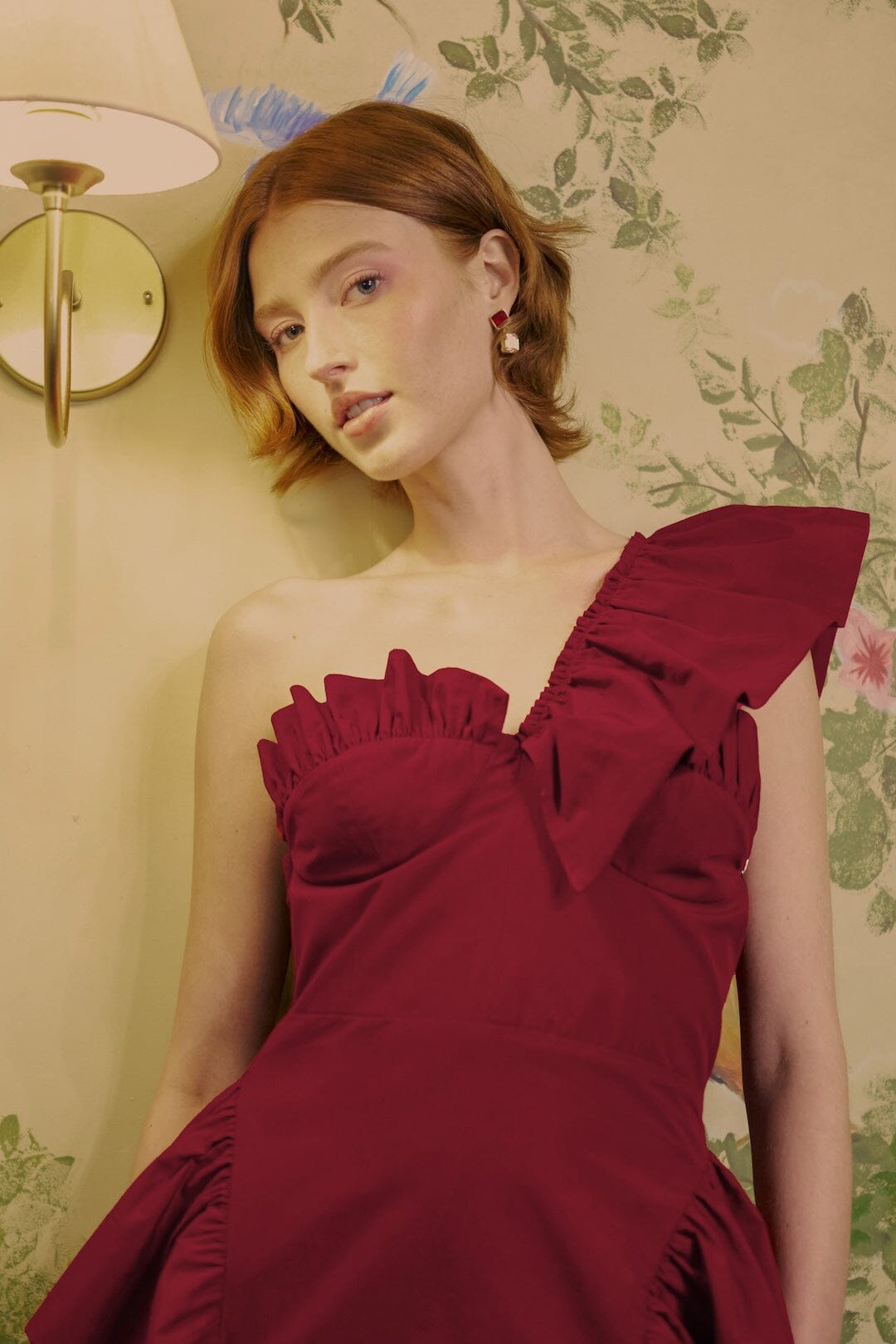 FARM Rio model wearing the One-Shoulder Ruffled Mini Dress