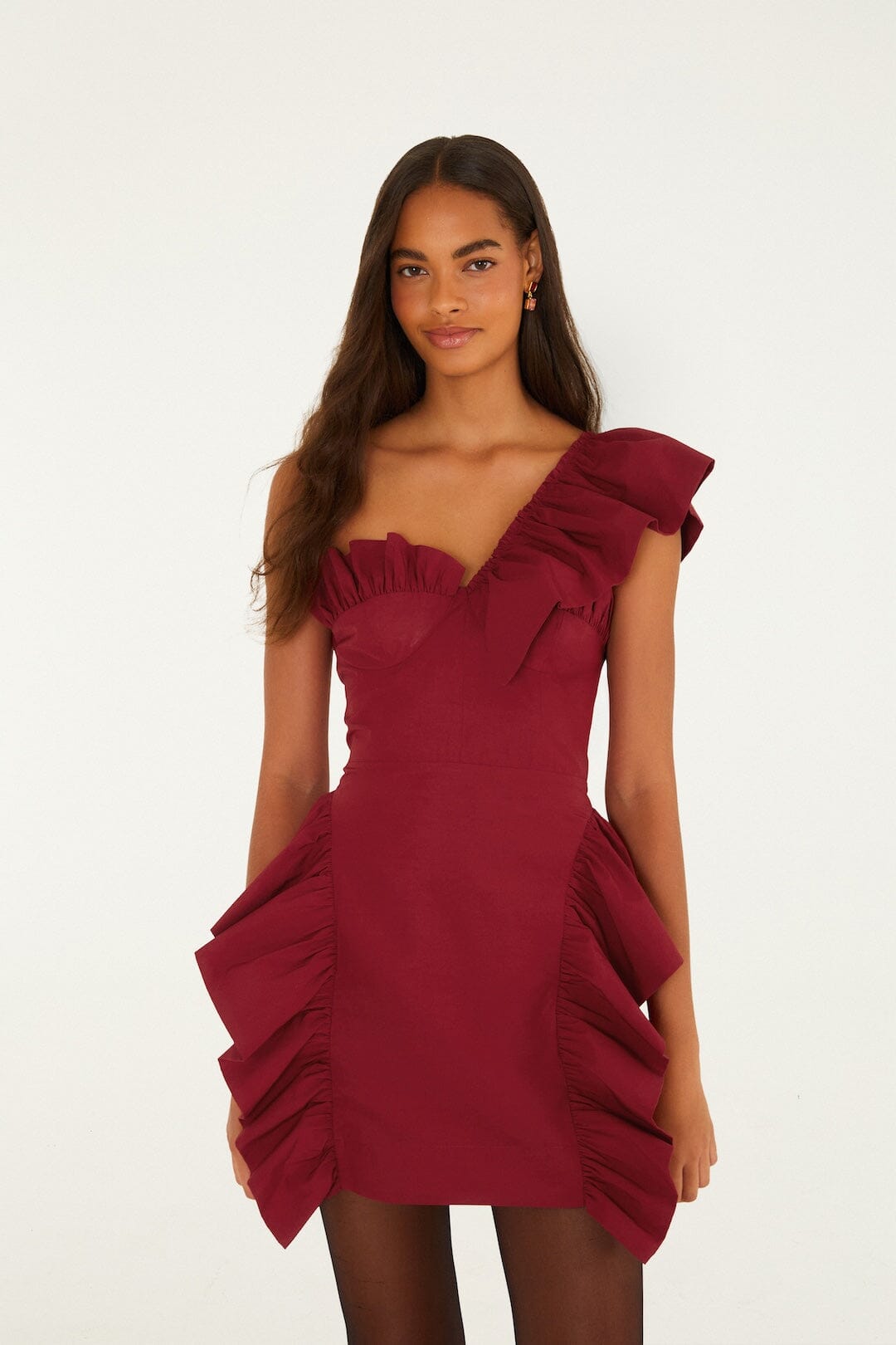 FARM Rio model wearing the One-Shoulder Ruffled Mini Dress