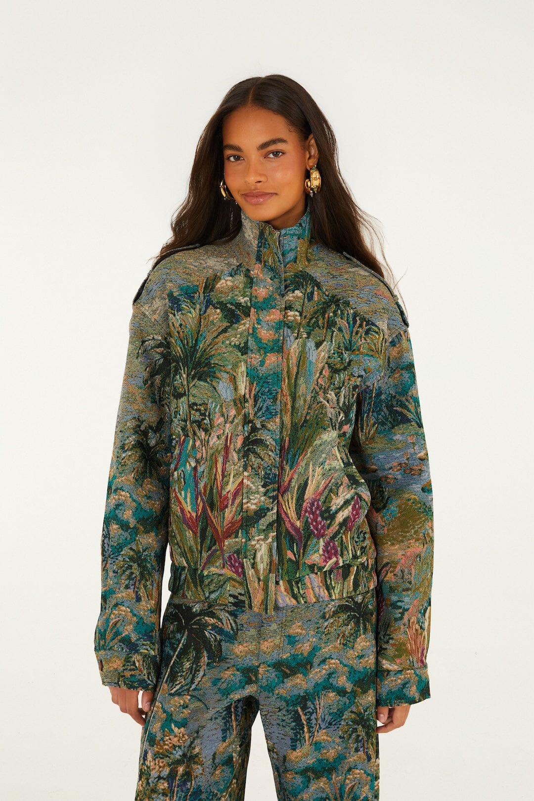 FARM Rio model wearing the Petricor High Neck Jacquard Jacket