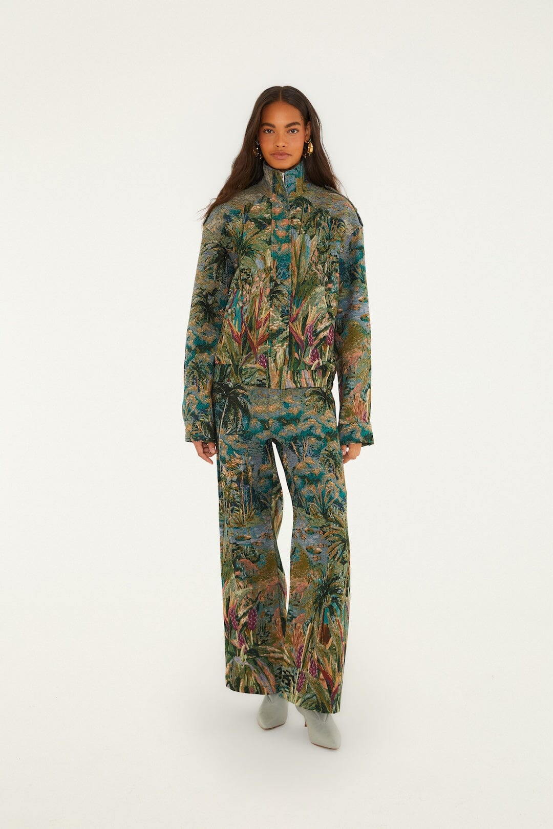 FARM Rio model wearing the Petricor High Neck Jacquard Jacket