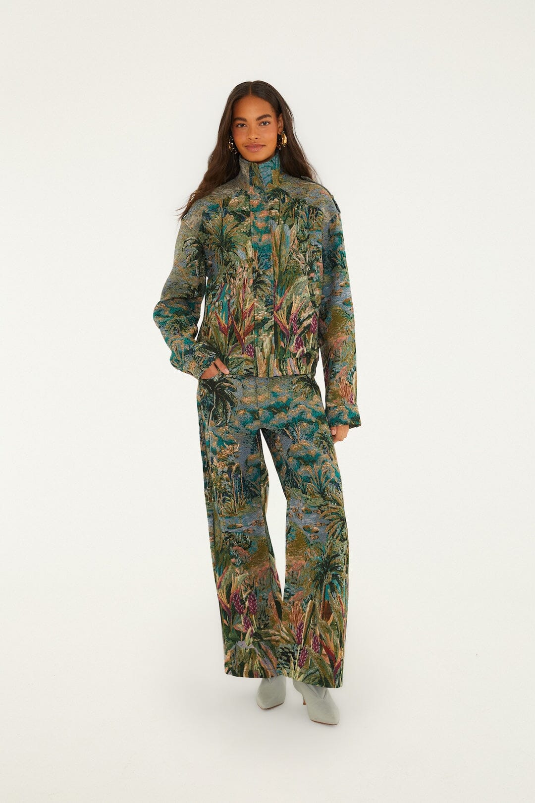 FARM Rio model wearing the Petricor Jacquard Wide-Leg Denim Trousers