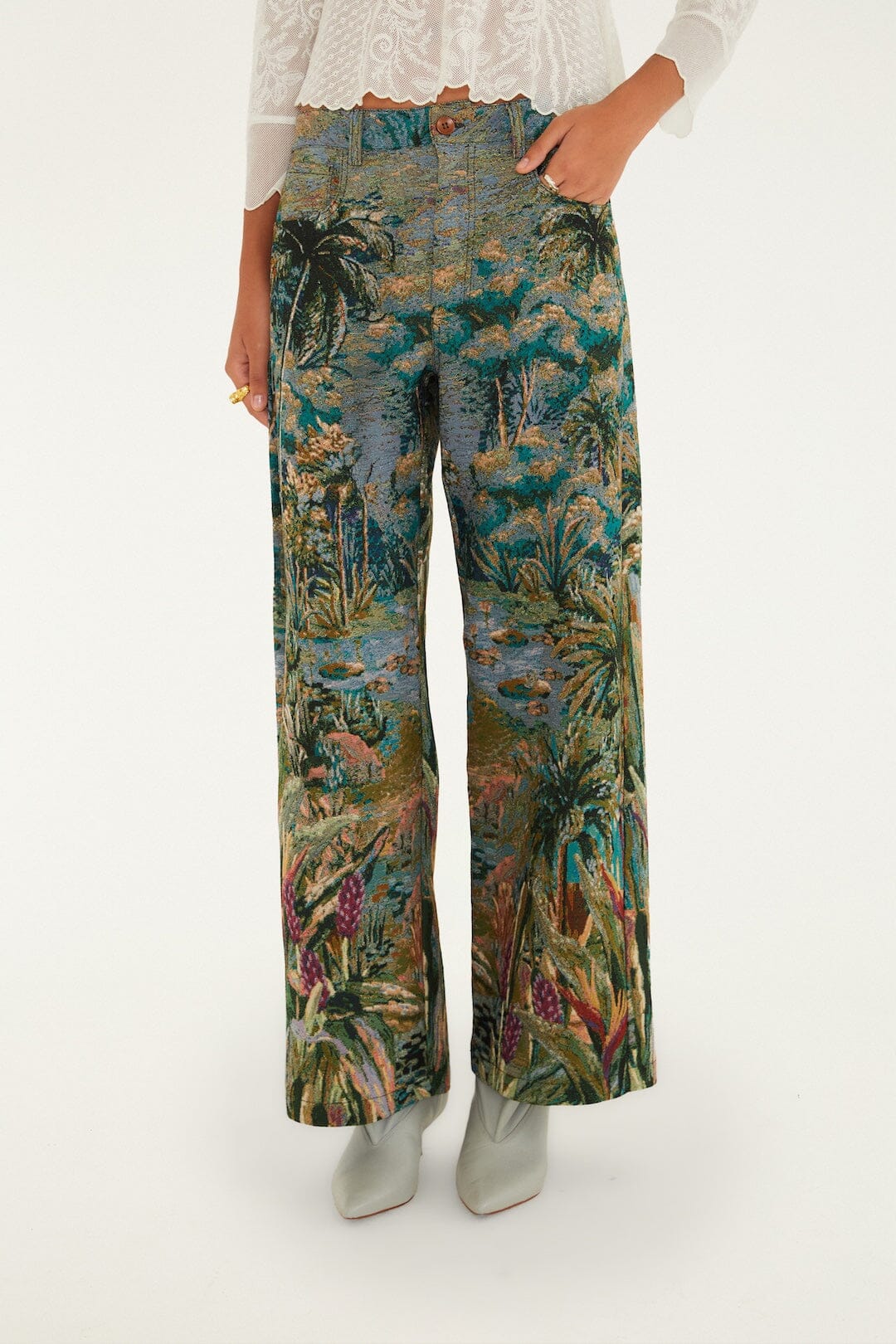 FARM Rio model wearing the Petricor Jacquard Wide-Leg Denim Trousers