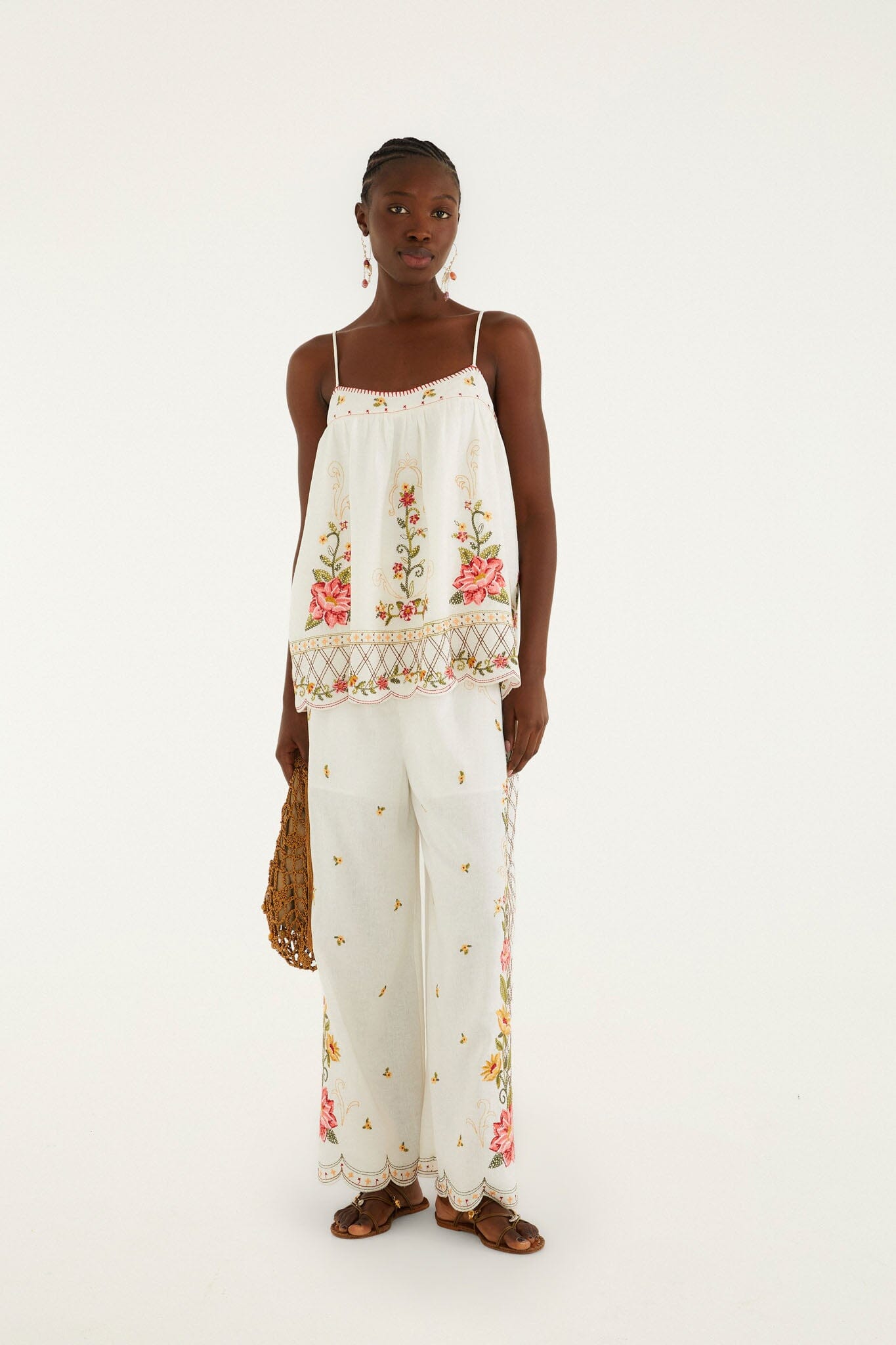 FARM Rio model wearing the Pff-White Flower Embroidery Wide-Leg Pants