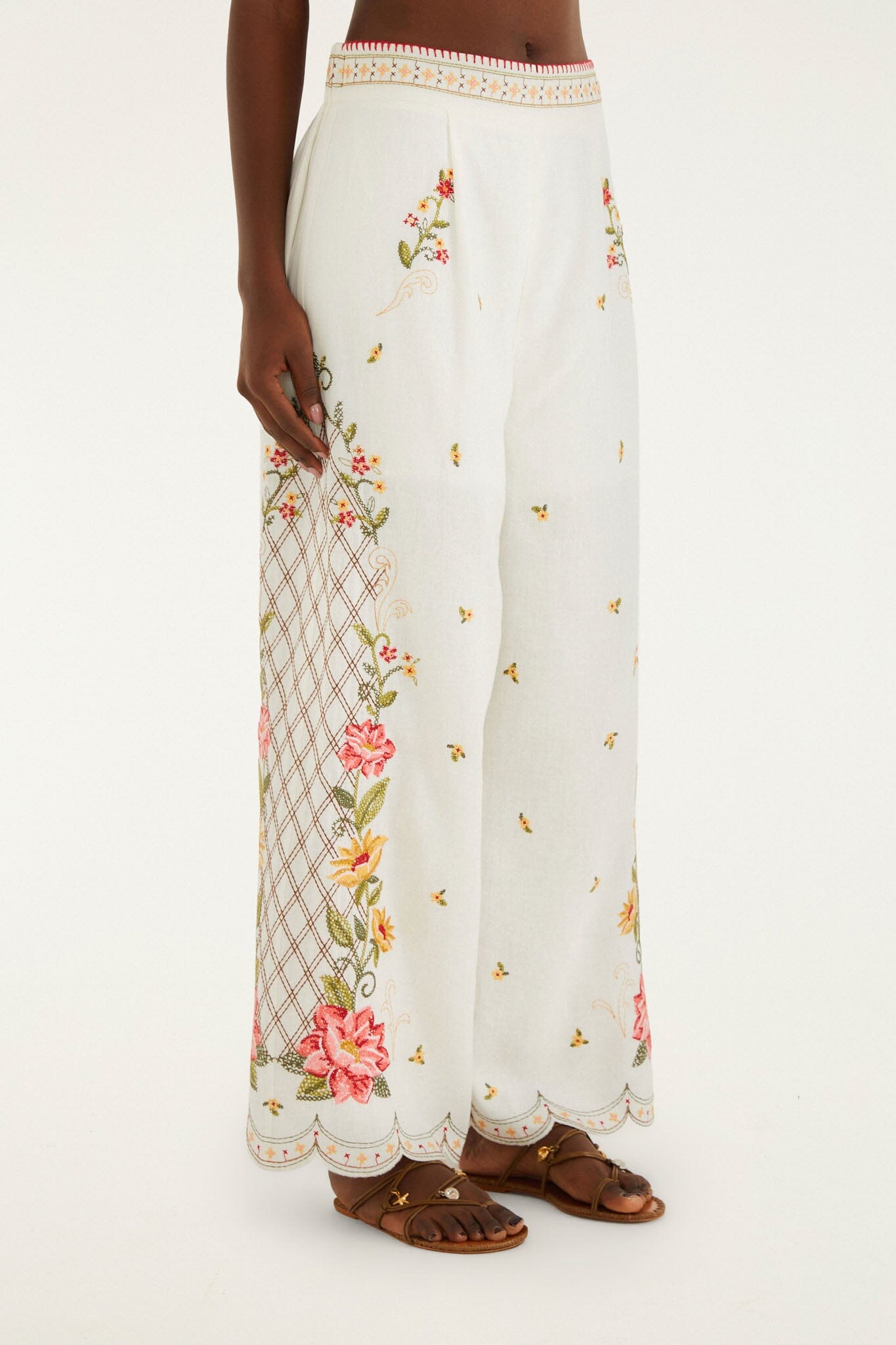 Off-White Flower Embroidery Wide-Leg Pants | FARM Rio