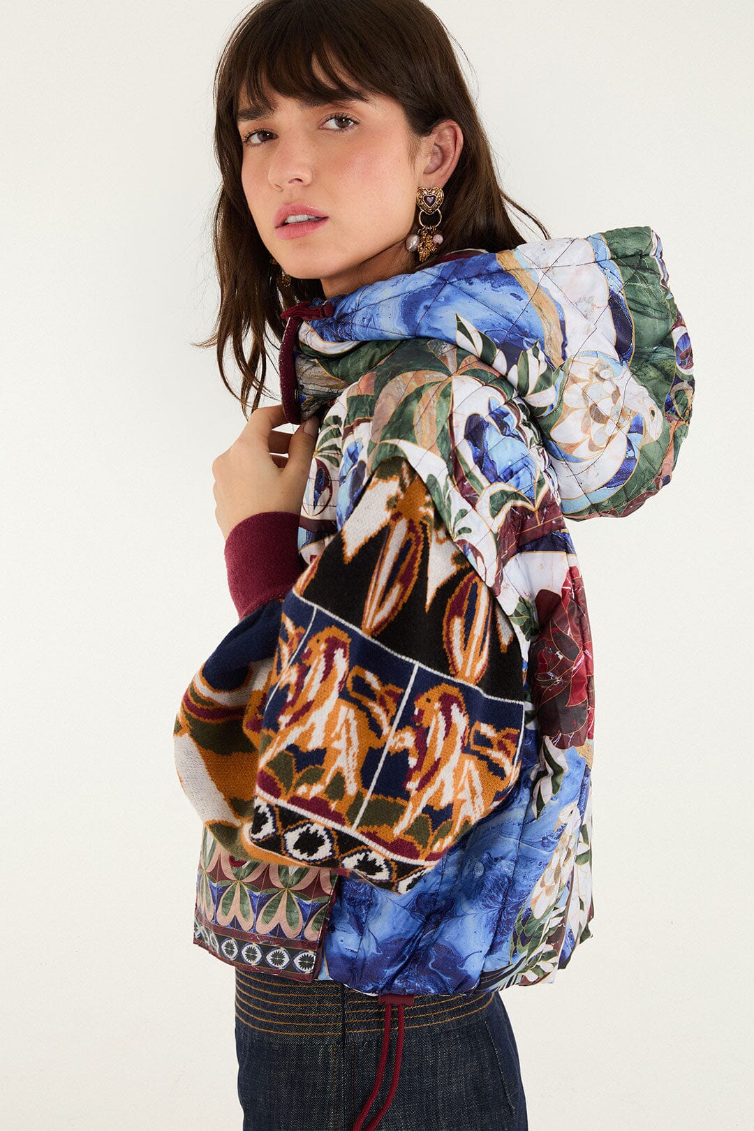 FARM Rio model wearing the Pietra Dura Tapestry Cropped Puffer Jacket