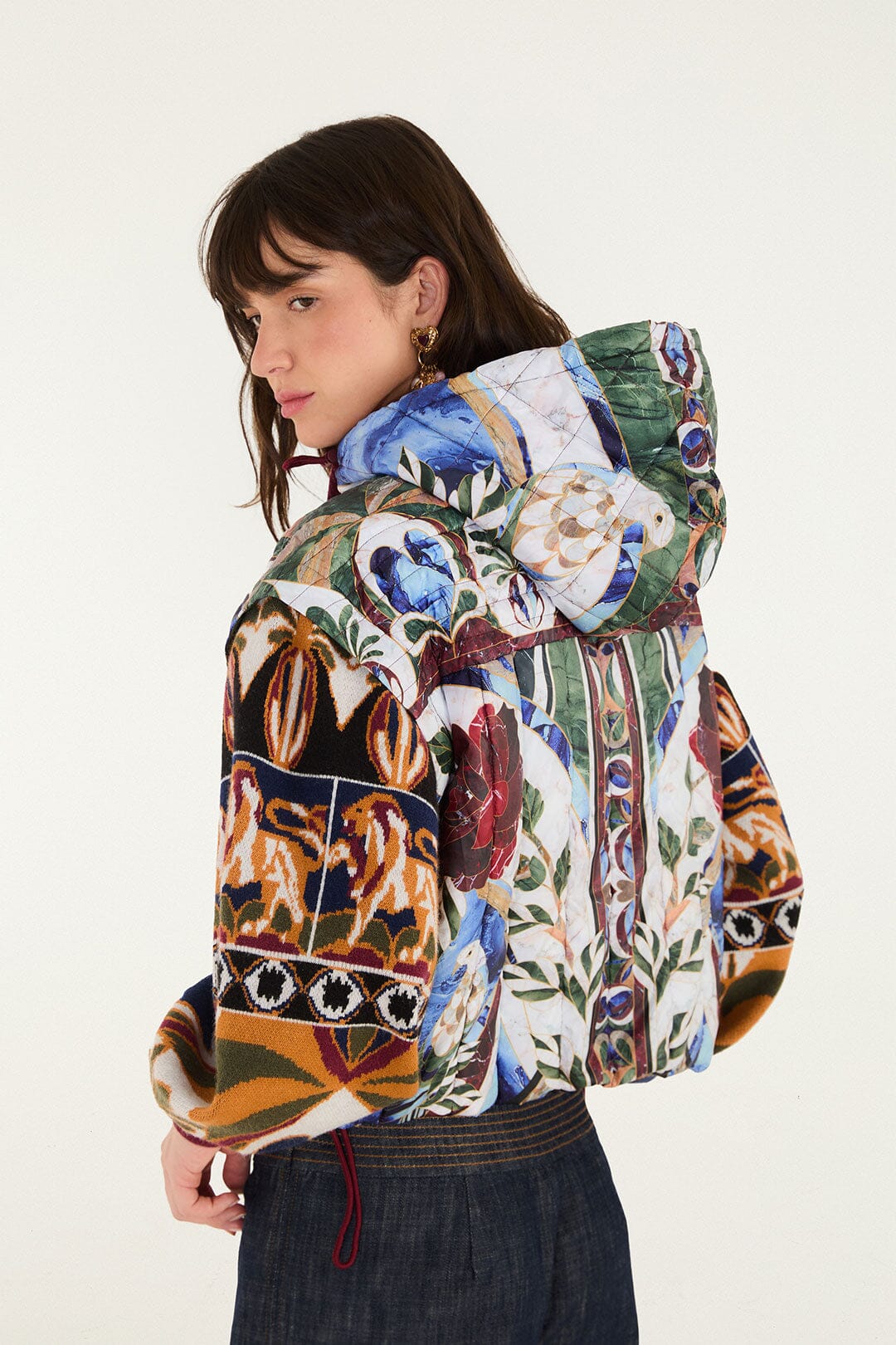 FARM Rio model wearing the Pietra Dura Tapestry Cropped Puffer Jacket